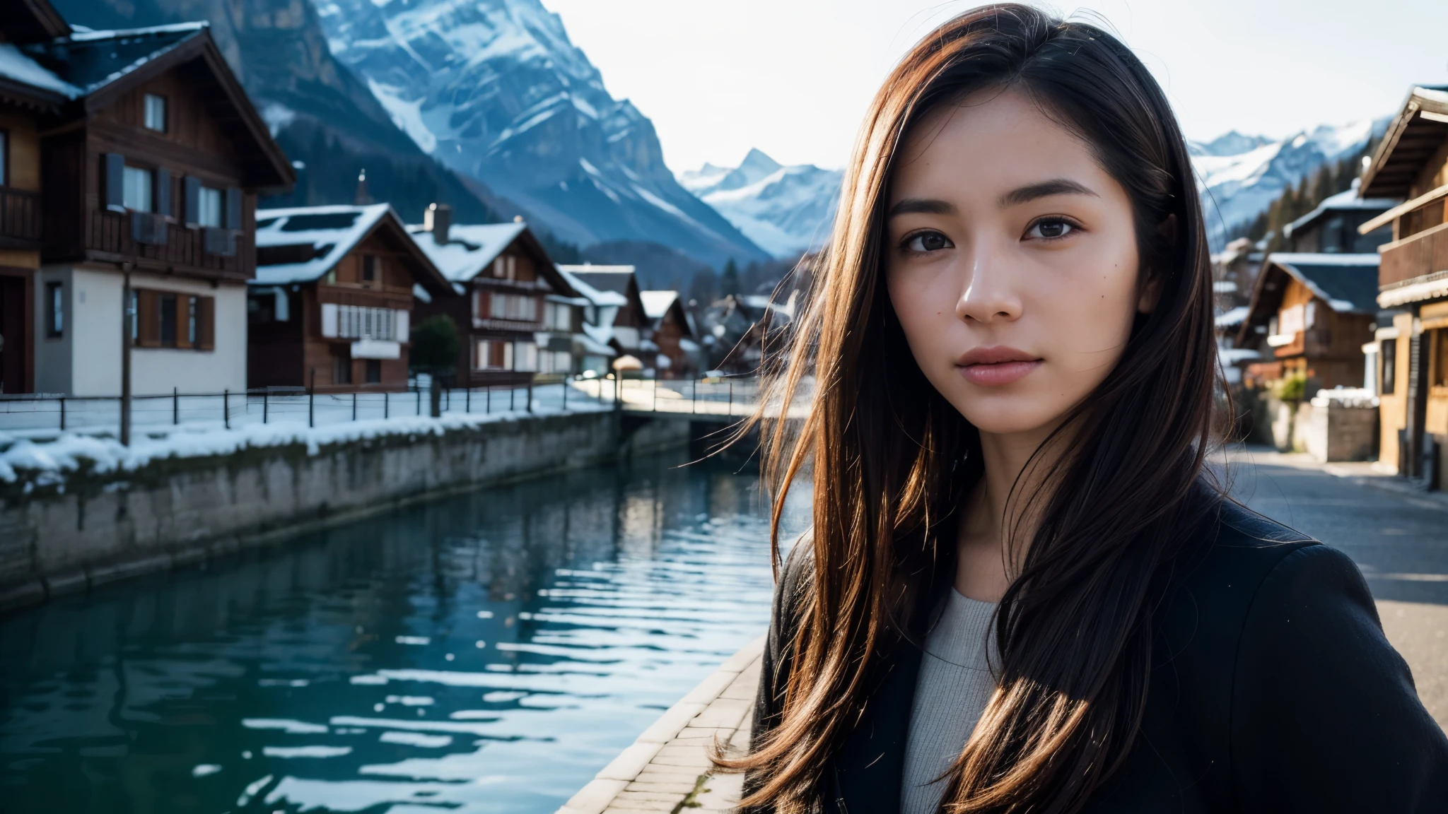dressed, (photo realistic:1.4), (hyper realistic:1.4), (realistic:1.3), (smoother lighting:1.05), (increase cinematic lighting quality:0.9), 32K, 1girl,20yo girl, realistic lighting, backlighting, light on the face, ray trace, (brightening light:1.2), (Increase quality:1.4), (best quality real texture skin:1.4), finely detailed eyes, finely detailed happy face, finely quality eyes, (tired and sleepy and satisfied:0.0), face closeup, The background is the village of Lauterbrunnen, Switzerland, (Increase body line mood:1.1), (Increase skin texture beauty:1.1)