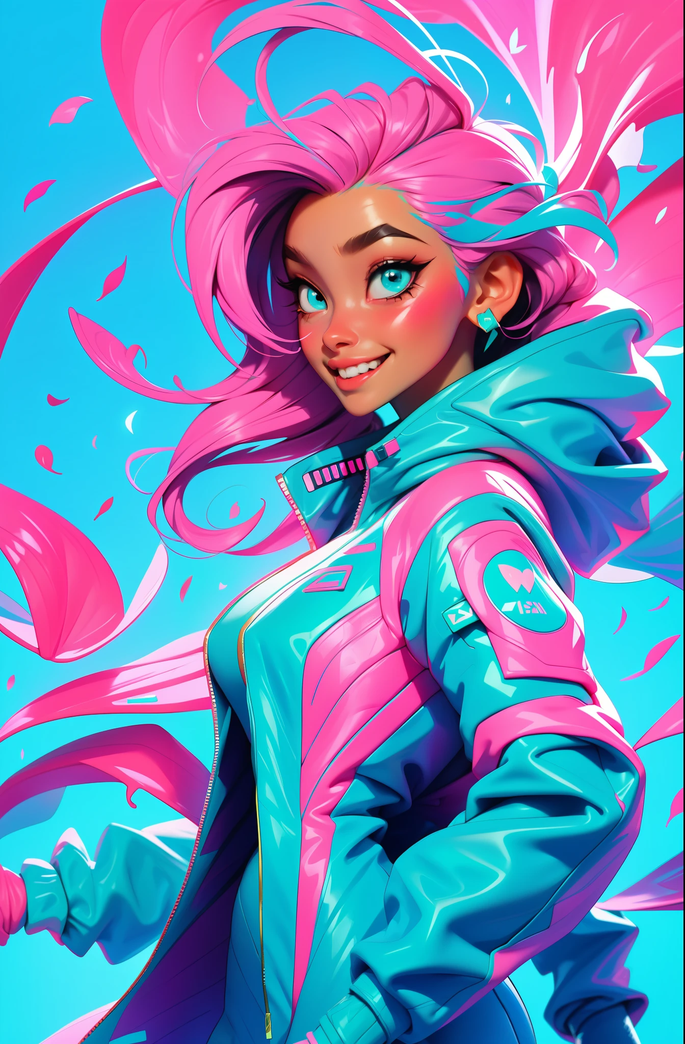 cyberpunk female woman wearing (turquoise Jacket with chromatic accents:1.1), sleek pink and White full bodysuit, side view turning to face camera, (Petal Blush, Lagoon Blue color background:1.3), amazing smile, looking at camera, golden hour
