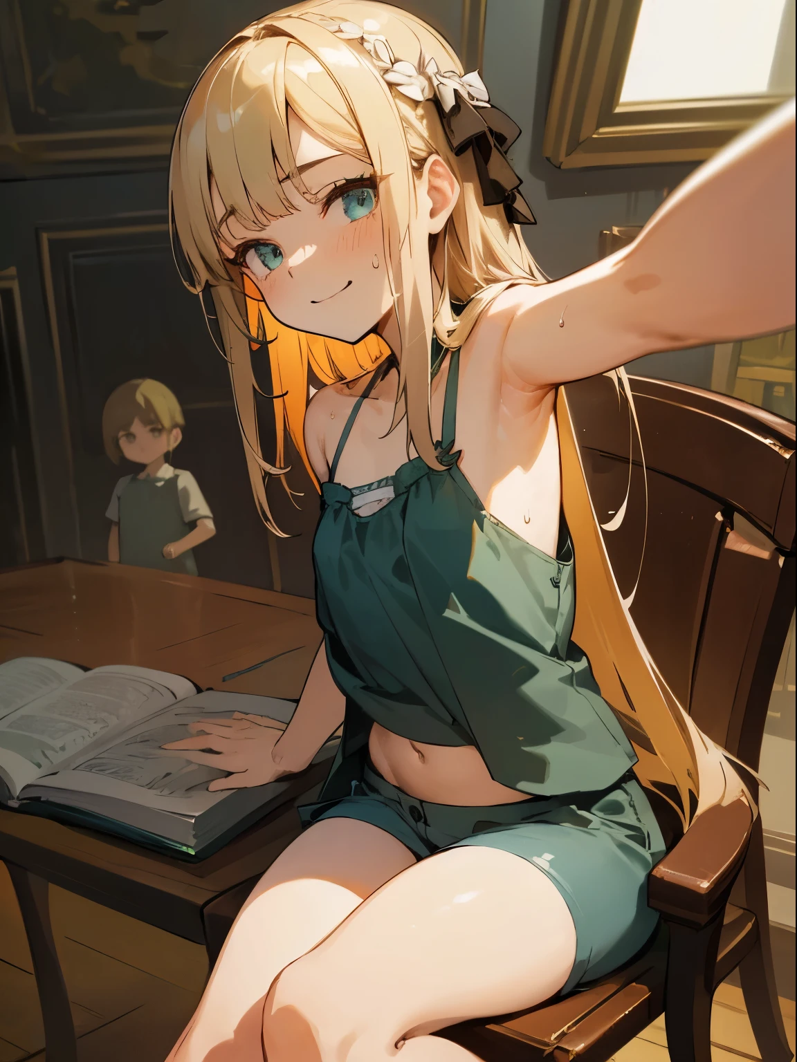 Reines, 1girl, high quality, best quality, illustration, masterpiece, (highly detailed:1.2), (extremely detailed:1.3), flat chest, camisole, navel, young girl, shortpants, braid, (children:1.2), slender thighs, (sweaty:1.2), , in a house, sitting on chair, selfie, armpits, smiling