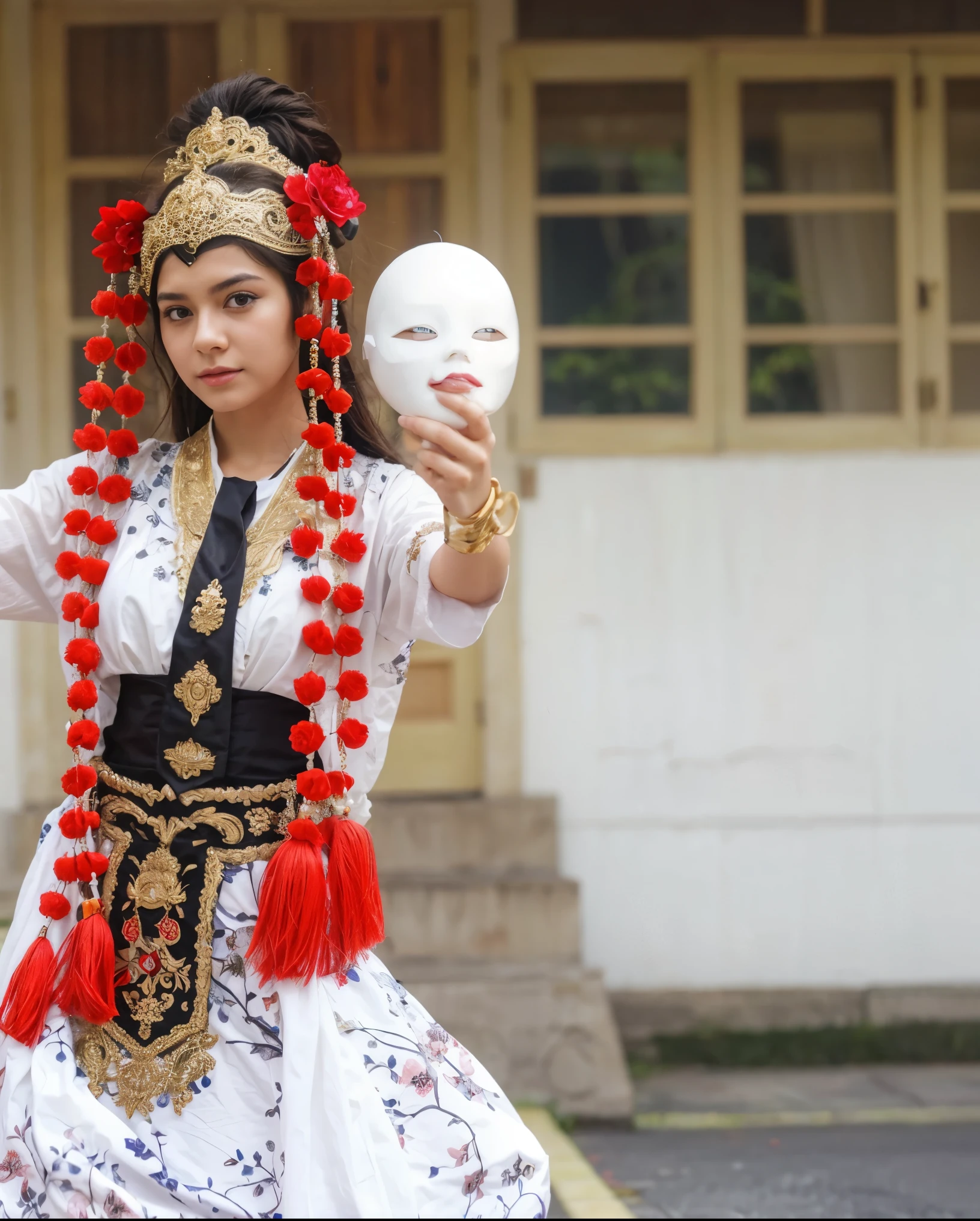 Girl holding white mask, turn this image into realistic, the face should be exactly the same with reference image