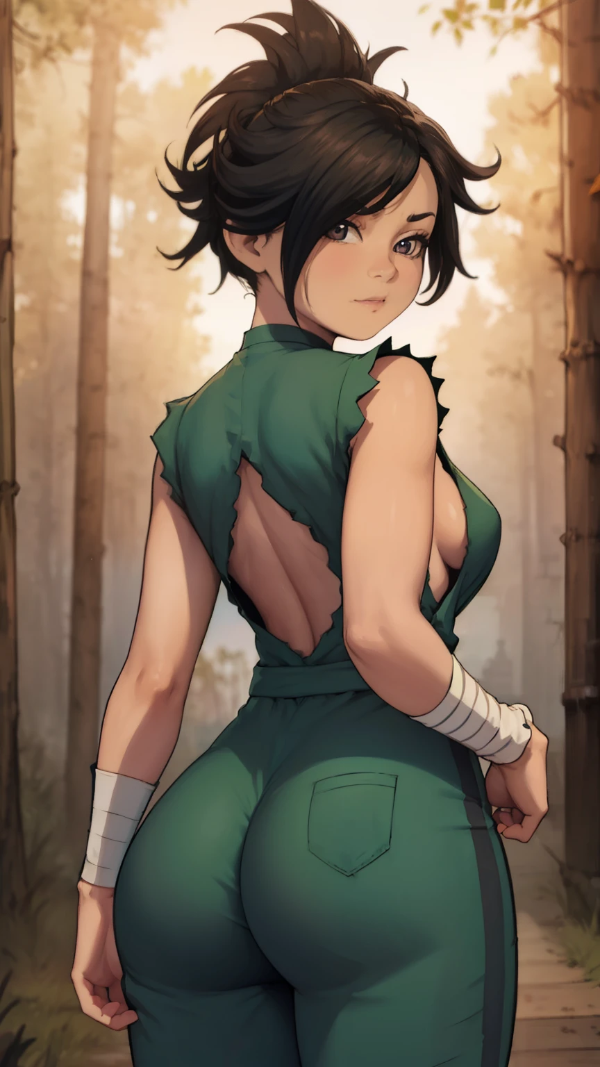 (masterpiece, highest quality, best quality, official art, beautiful and aesthetic: 1.2), (1girl), extremely detailed, (fractal art: 1.3), highest detailed, lower boddy focus, lower body, HDR, ), vivid visual effects, (dynamic stripes, luminous traces: 1.2), back viee, nude, hip focus, sexy, wide hips, thicc figure, completely naked, abs, muscular, ass, ass focus. Looking at viewer, looking back, Detailed face, Detailed eyes, perfect face, perfect eyes, dororo, wearing overall jumpsuit, overall jumpsuit, exposed thighs