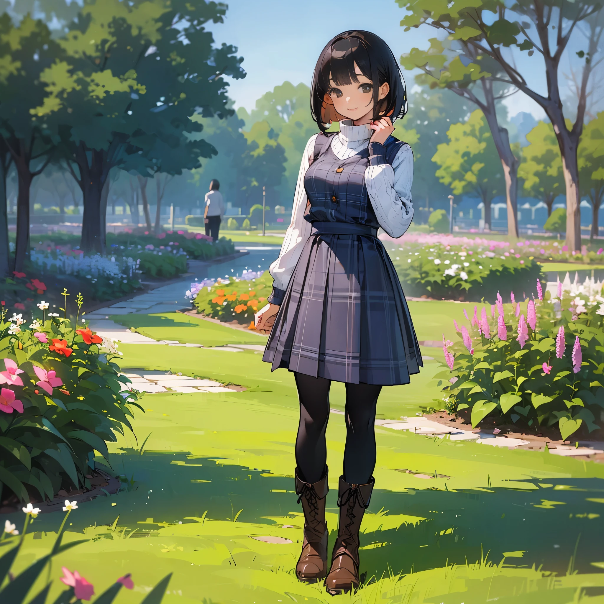 (high quality, High resolution, Super detailed, reality:1.37), peaceful atmosphere, (outdoors, garden), teenage girl standing alone, (my breasts are big.), Beautiful detail features, cute smile, (black bob hair), ribbed sweater, blue plaid skirt, black tights, brown boots.