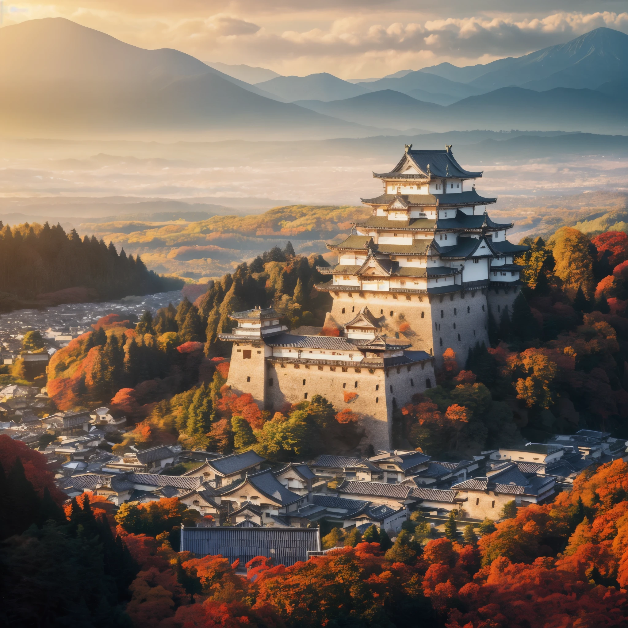 a view of a castle in the middle of a forest with a mountain in the background, japanese city, japonisme 3 d 8 k ultra detailed, japanese town, feudal japan, japanese temples, feudal japan art, japanese landscape, medieval japan, japan. volumetric lighting, in feudal japan, the style of andreas rocha, ancient japanese architecture