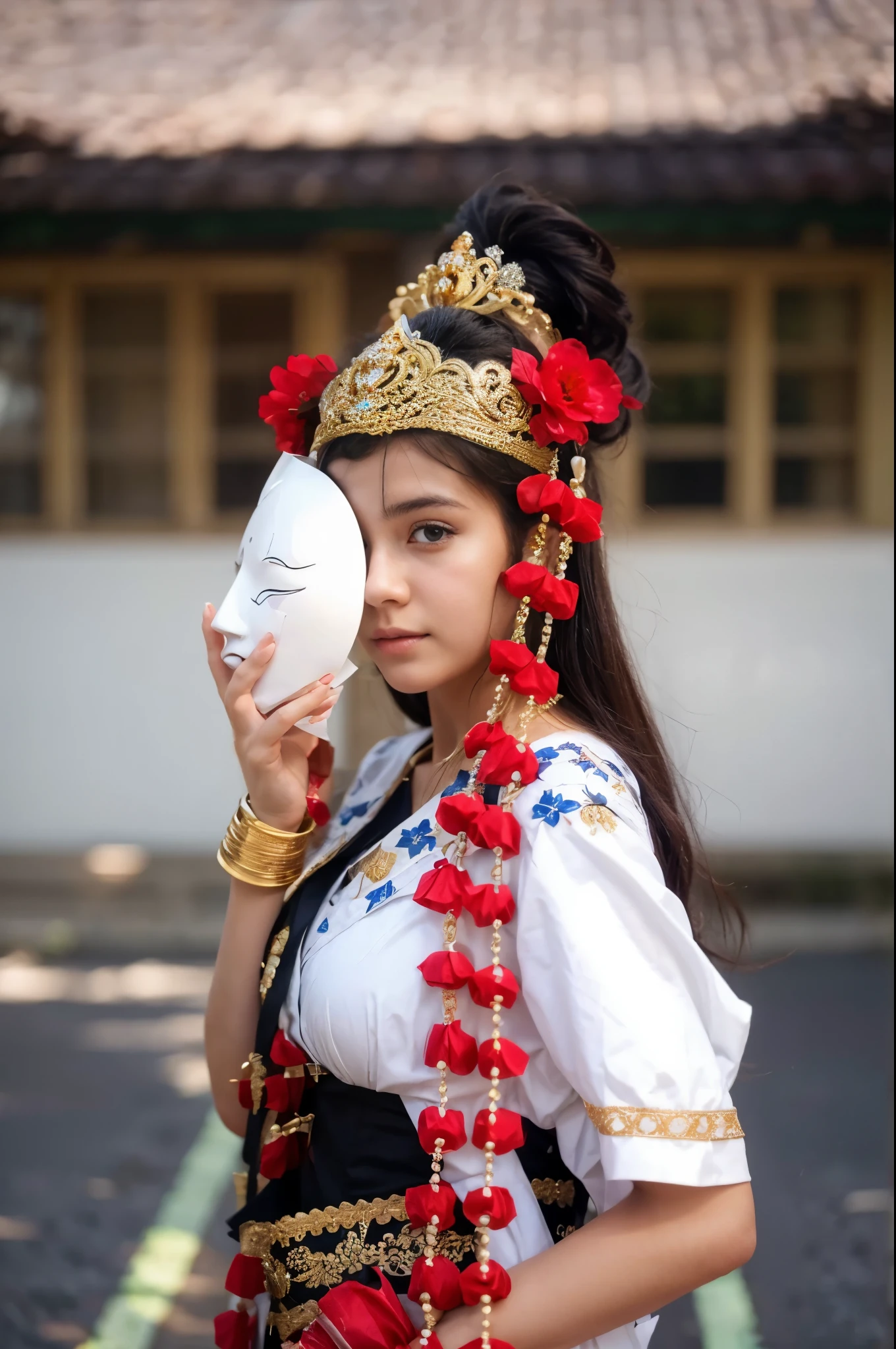 Girl holding white mask, turn this image into realistic, the face should be exactly the same with reference image