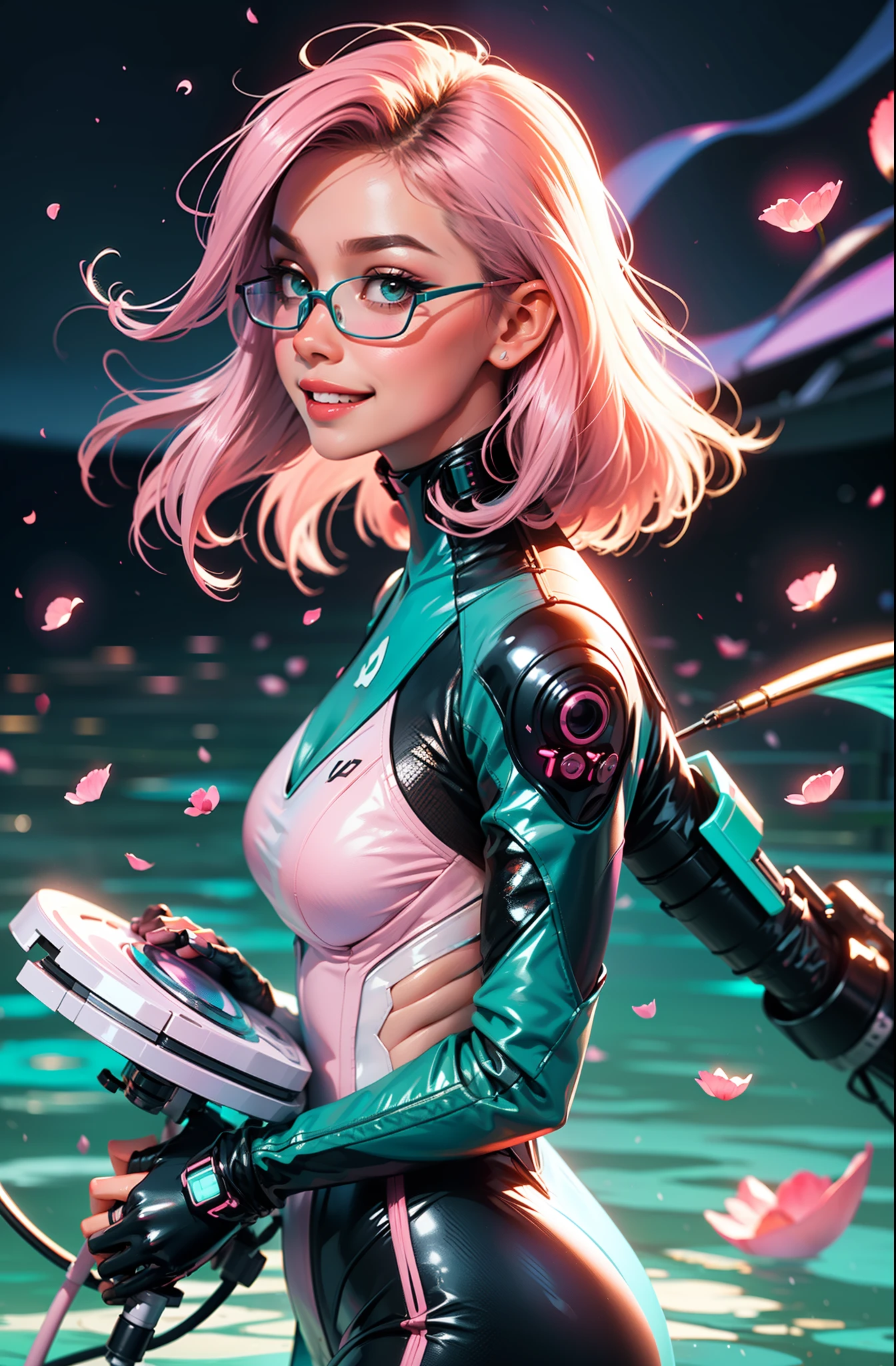 Eyeglasses, Vision Pro googles, cyberpunk female woman (chromatic accents:1.1), sleek pink and White full bodysuit, side view turning to face camera, (Petal Blush, Lagoon Blue color background:1.3), amazing smile, looking at camera, golden hour