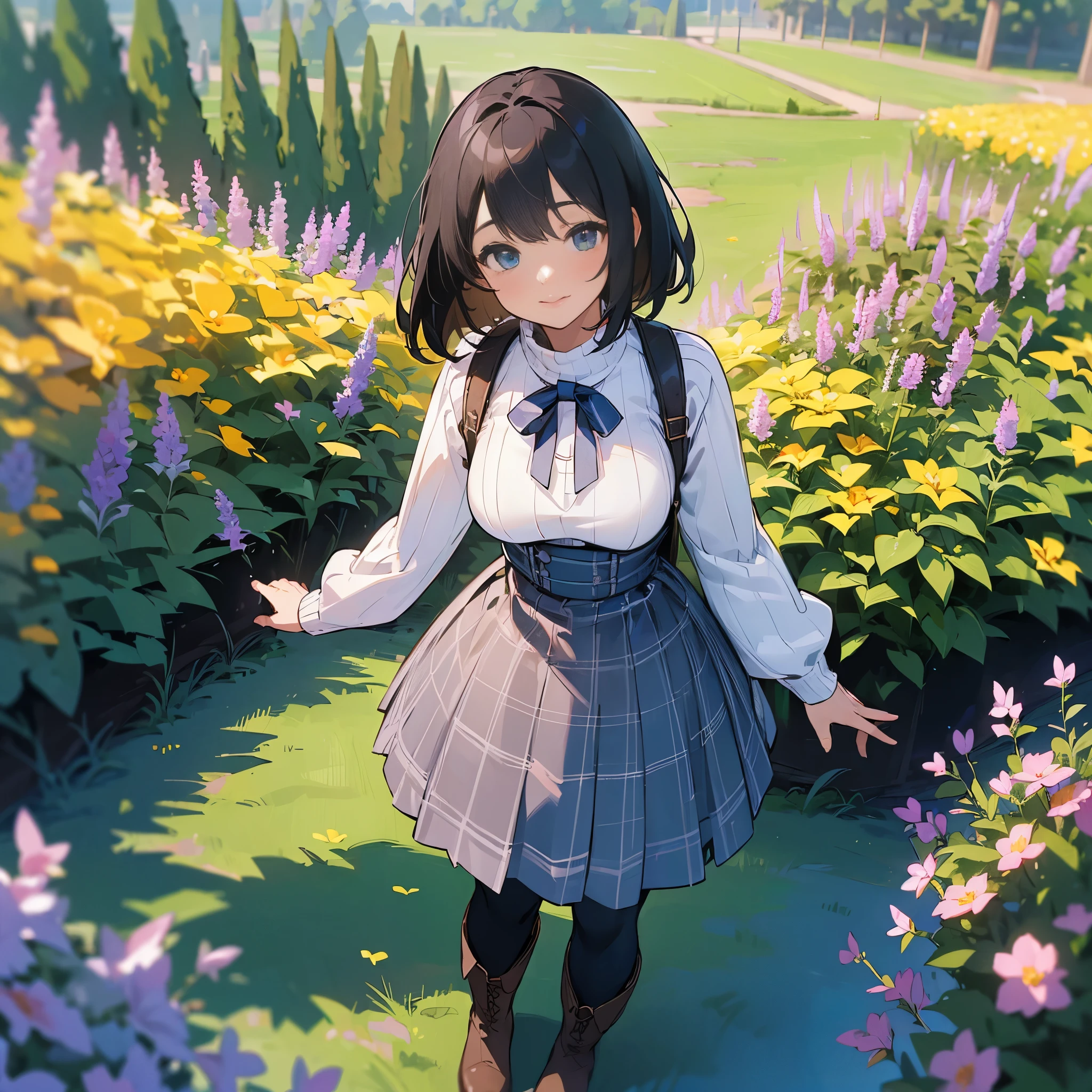 (high quality, High resolution, Super detailed, reality:1.37), peaceful atmosphere, (outdoors, garden), teenage girl standing alone, (my breasts are big.), Beautiful detail features, cute smile, (black bob hair), ribbed sweater, blue plaid skirt, black tights, brown boots.