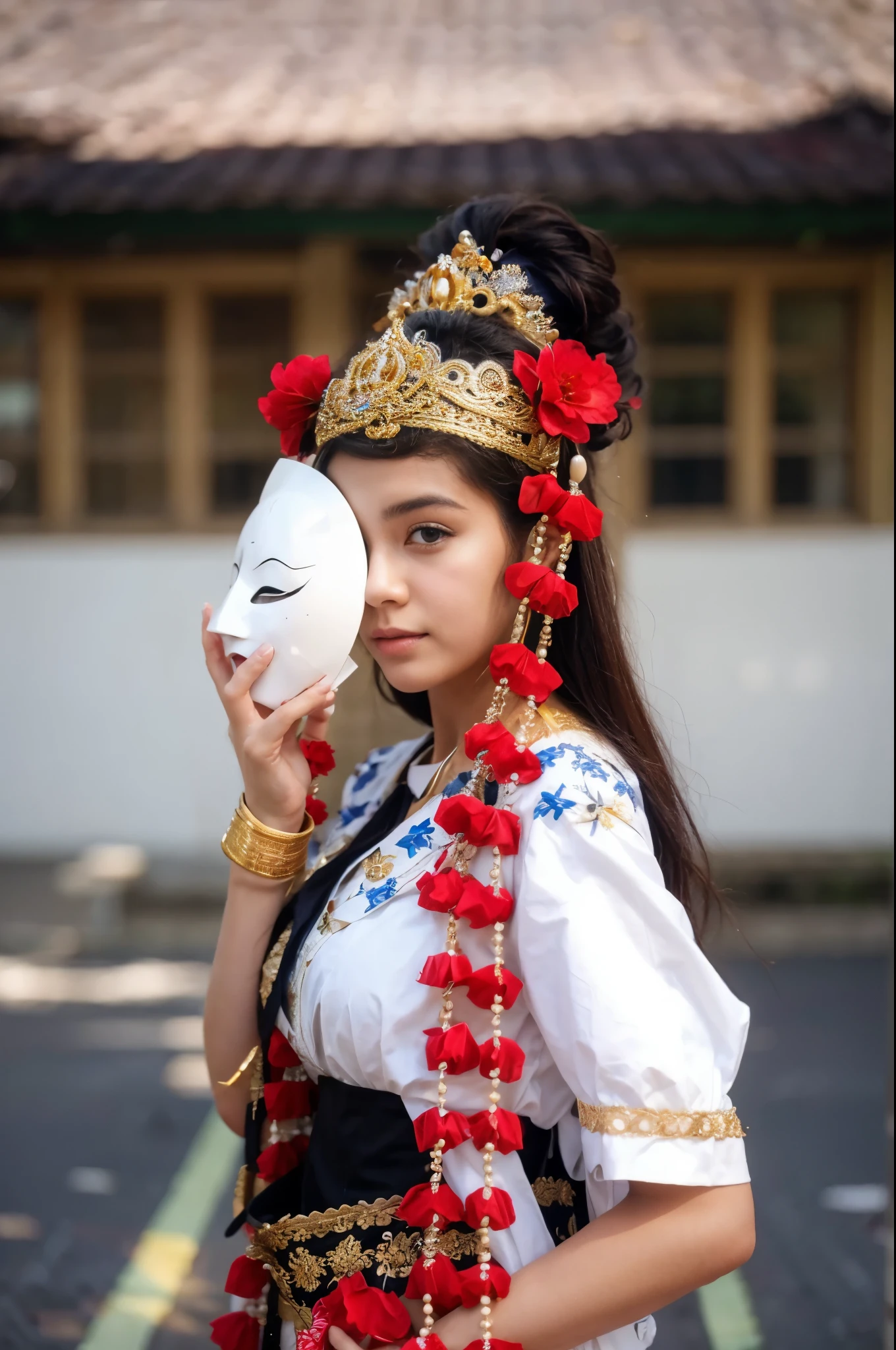 Girl holding white mask, turn this image into realistic, the face should be exactly the same with reference image