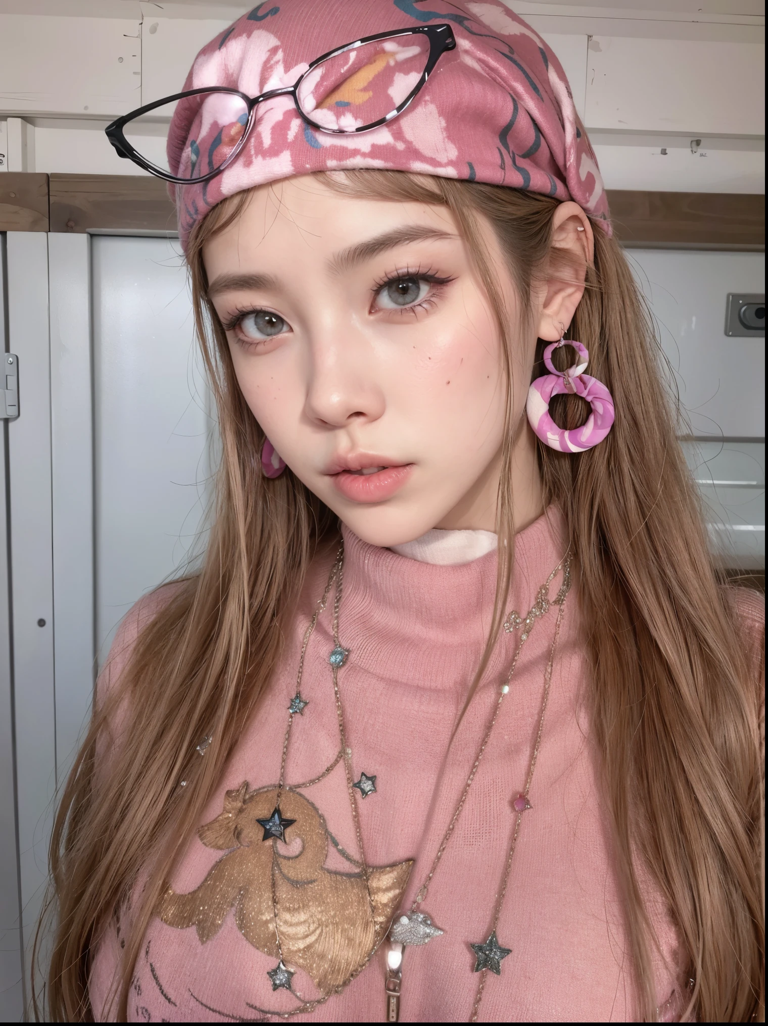 there is a young woman with a pink shirt and a pink bandana, portrait of jossi of blackpink, jossi of blackpink, roseanne park of blackpink, huge earrings and queer make up, lalisa manoban of blackpink, she looks like a mix of grimes, sakimichan, jisoo from blackpink, portrait jisoo blackpink, portrait of japanese gyaru