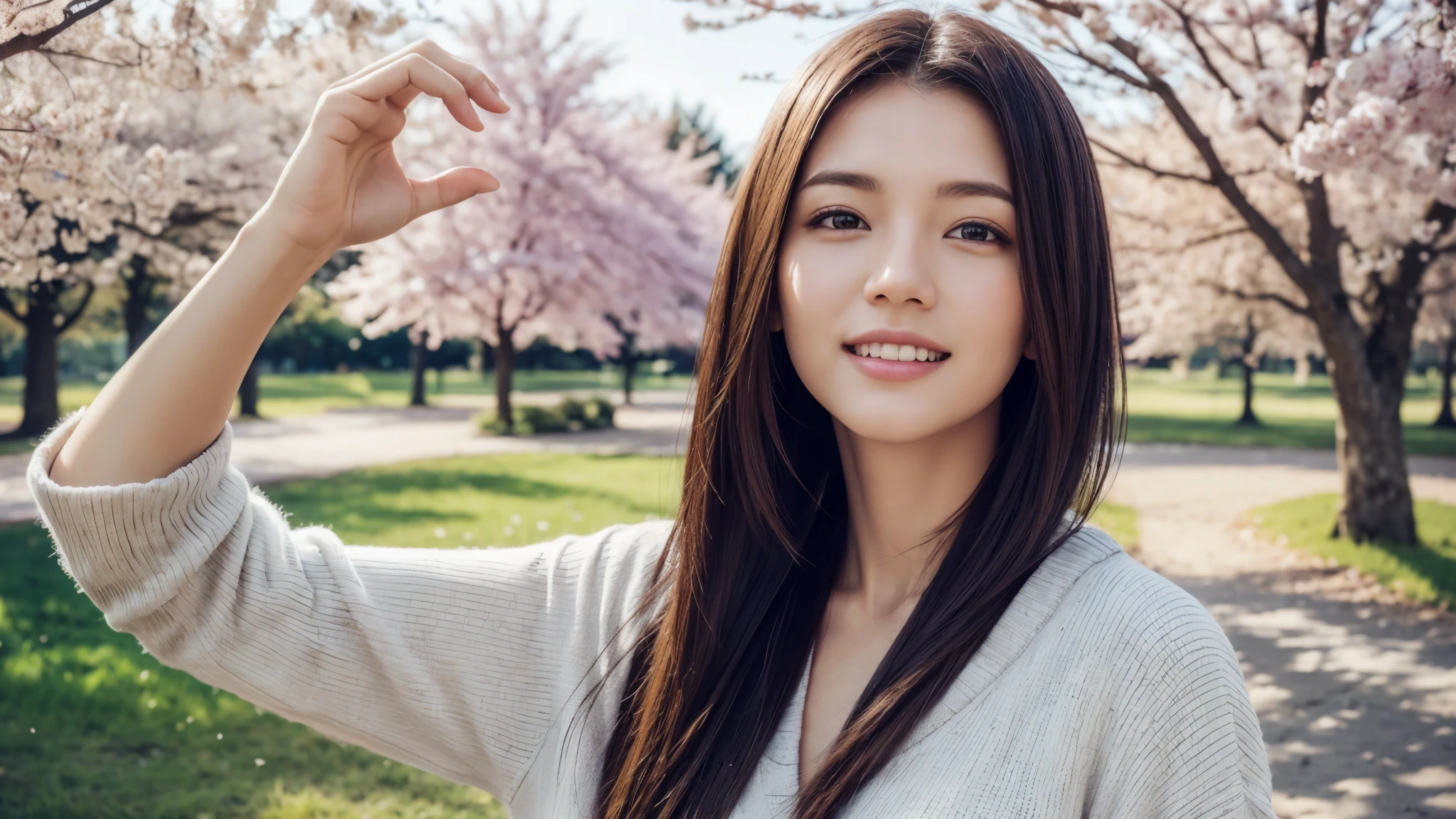 dressed, (photo realistic:1.4), (hyper realistic:1.4), (realistic:1.3), (smoother lighting:1.05), (increase cinematic lighting quality:0.9), 32K, 1girl,20yo girl, realistic lighting, backlighting, light on the face, ray trace, (brightening light:1.2), (Increase quality:1.4), (best quality real texture skin:1.4), finely detailed eyes, finely detailed happy face, finely quality eyes, (tired and sleepy and satisfied:0.0), face closeup, Take a walk in the park with cherry blossoms, (Increase body line mood:1.1), (Increase skin texture beauty:1.1)