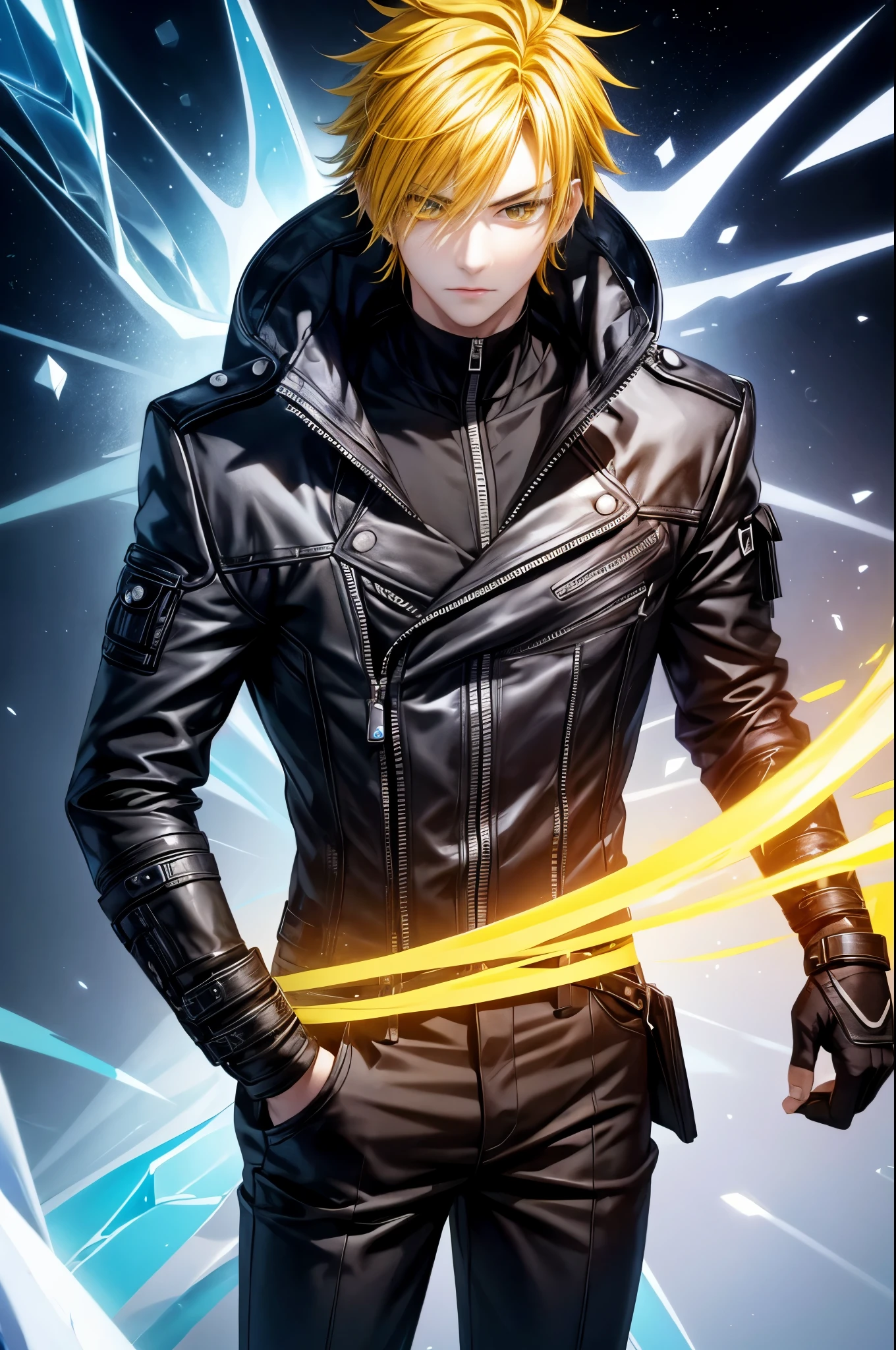 1boy,soft face,confident,young adult,wearing a black jacket, blue ice energy all around, ice, blizzard, (yellow eyes), ((yellow hair)),short messy unkept hair, highest quality digital art, Stunning art, wallpaper 4k, highly detailed,BREAK, (anime style), epic