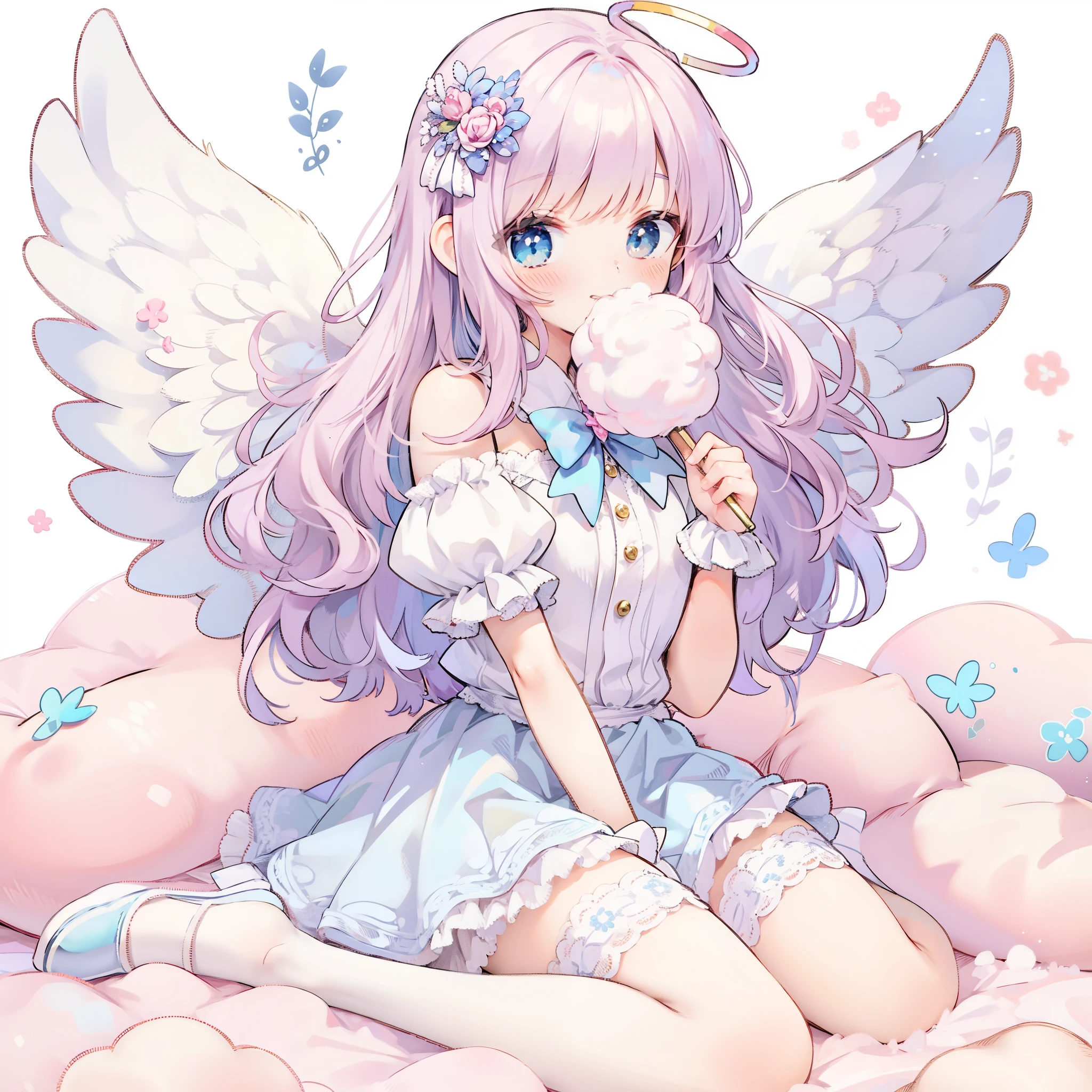 Anime girl with angel wings sitting on a cloud holding a lollipop, angel girl, fluffy pink anime clouds, Pastel Watercolor、smile、angel girl eating cotton candy sitting on the fluffy clouds, with white wings, smile, Happy, pastel color style, cute core, Anime deformed cute illustration,soft anime illustration, of an beautiful angel girl, cute girl anime visual, cute art style, made of Cotton candy, cute cute girl, Girl Cloud, Cotton candy, anime aesthetics, angel themed, cute aesthetics, fairy core, dreamy psychedelic anime, cute anime girl
