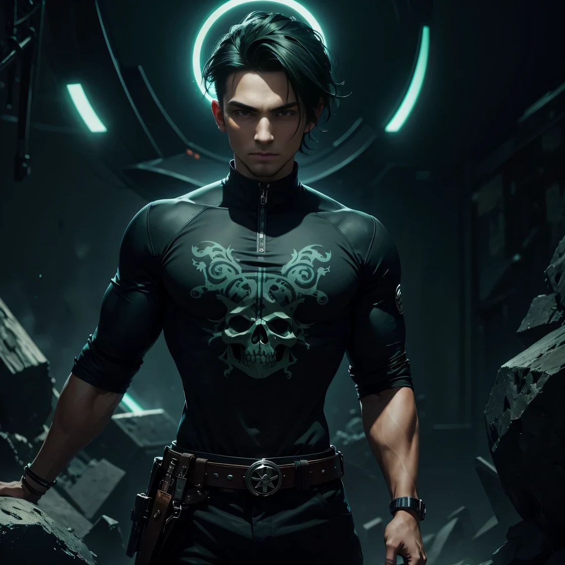  man  have dark green  hair wearing  dark green and black outfit with skull and  moons pattern , 