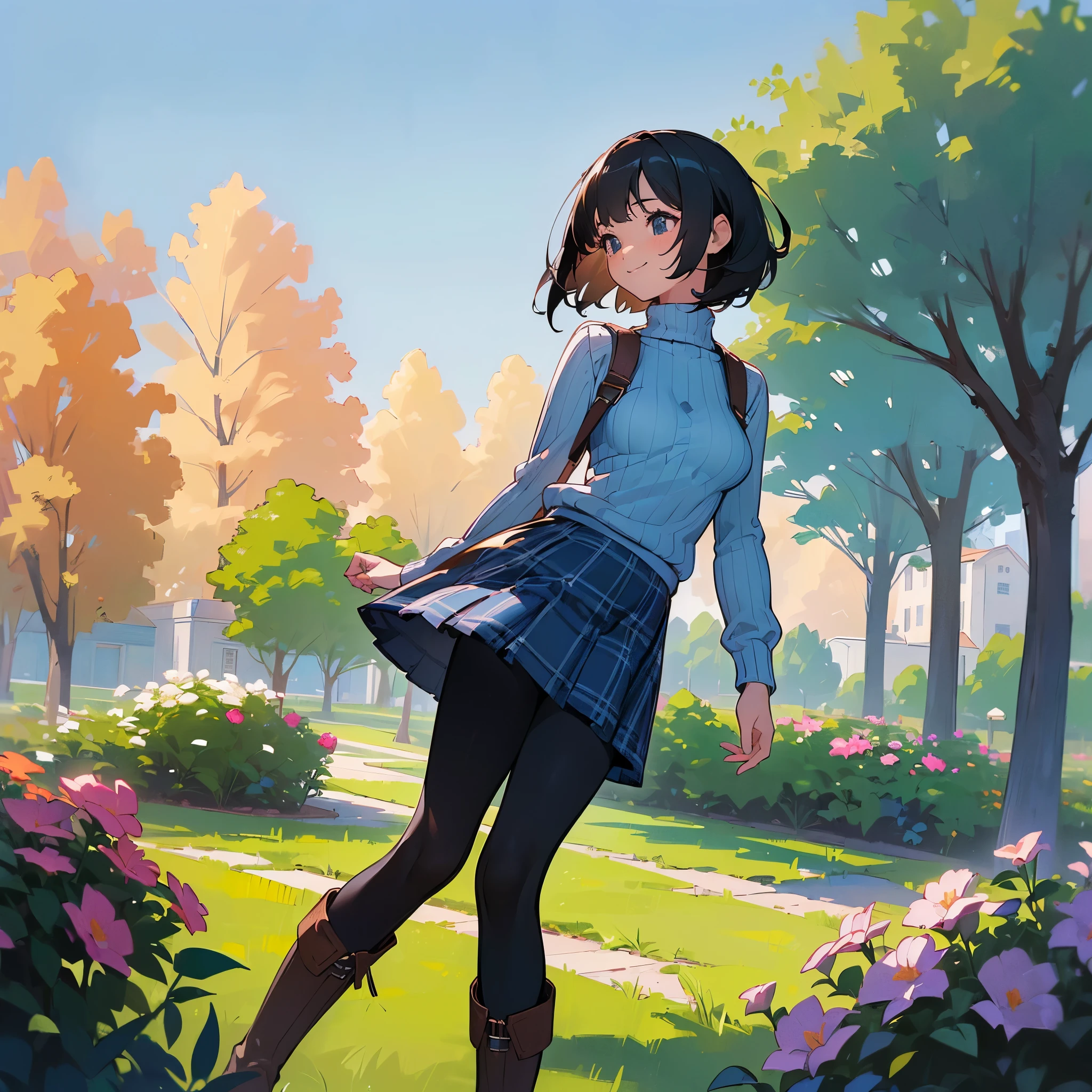 (high quality, High resolution, Super detailed, reality:1.37), peaceful atmosphere, (outdoors, garden), teenage girl standing alone, (my breasts are big.), Beautiful detail features, cute smile, (black bob hair), ribbed sweater, blue plaid skirt, black tights, brown boots.