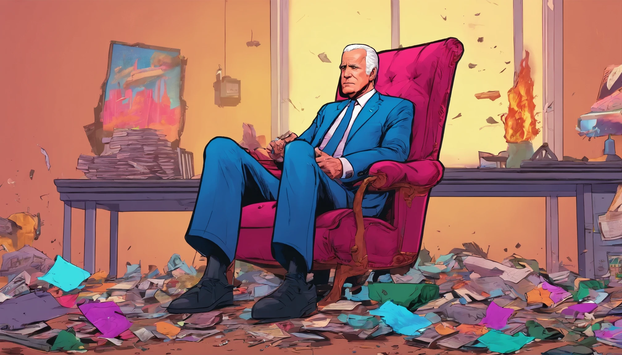 (highres ultra-detailed),a guy looks like US president Biden,sit down on the chair,sad depressed crying,ruins,rubble,comic style,bright colors, dramatic lighting
