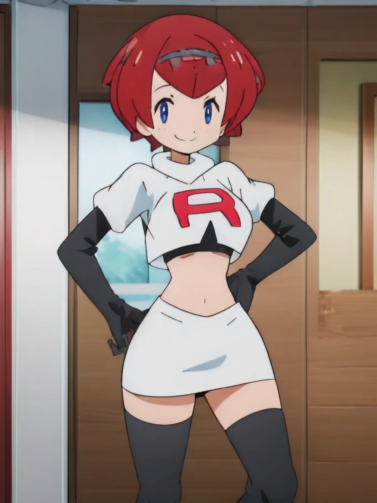 8k,1girl in, (solo:1.1), (perfect body:1.1), (best quality:1.1), very large breast, team rocket, team rocket uniform, red letter r, white skirt,white crop top,black thigh-high boots, black elbow gloves, smiling, looking down at viewer, hands on hips,zettai ryouiki,cowboy shot
