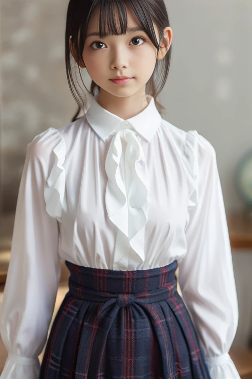 (upper body) , masterpiece , top quality , very detailed , 1 person, (contrasting eyes) , standing , blouse, skirt , bangs , room , indoor