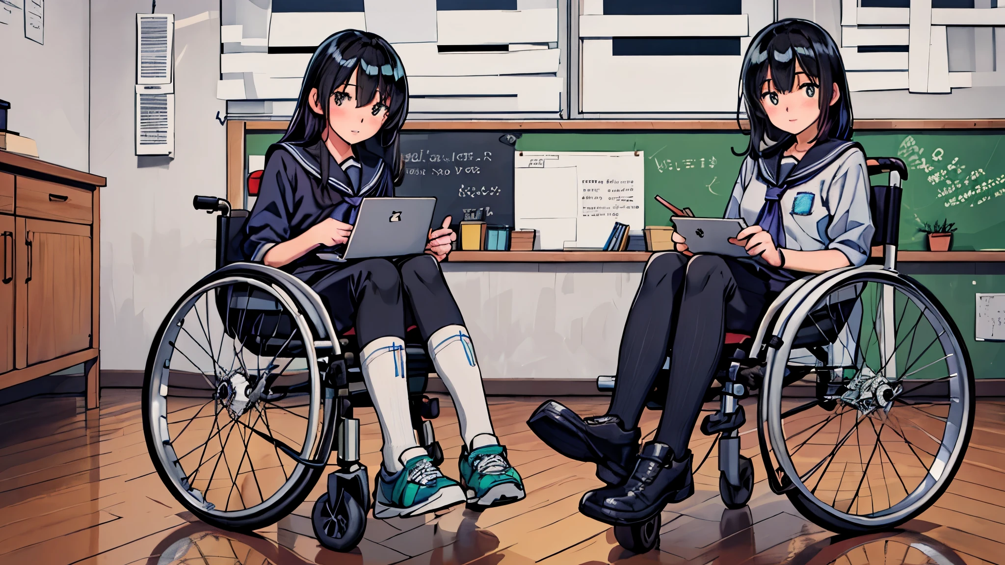 (best quality,4k,highres,ultra-detailed,realistic:1.2),(inside the school1,8),(inside the classroom),(two girls),(black hair innered blue color),shy,blush,nervous,extremely detailed eyes,((they’re faces to face)),((they’re riding wheelchair)),beautiful detailed eyes,beautiful detailed lips,long eyelashes,school uniform,blouse,skirt,shoes,cyberpunk fashion,jersey,vivid colors,dynamic lighting,colorful scene,happy expressions,bookshelves,whiteboard,chalkboard,laptops,desk and chairs,learning materials,open windows,green plants,florescent lights