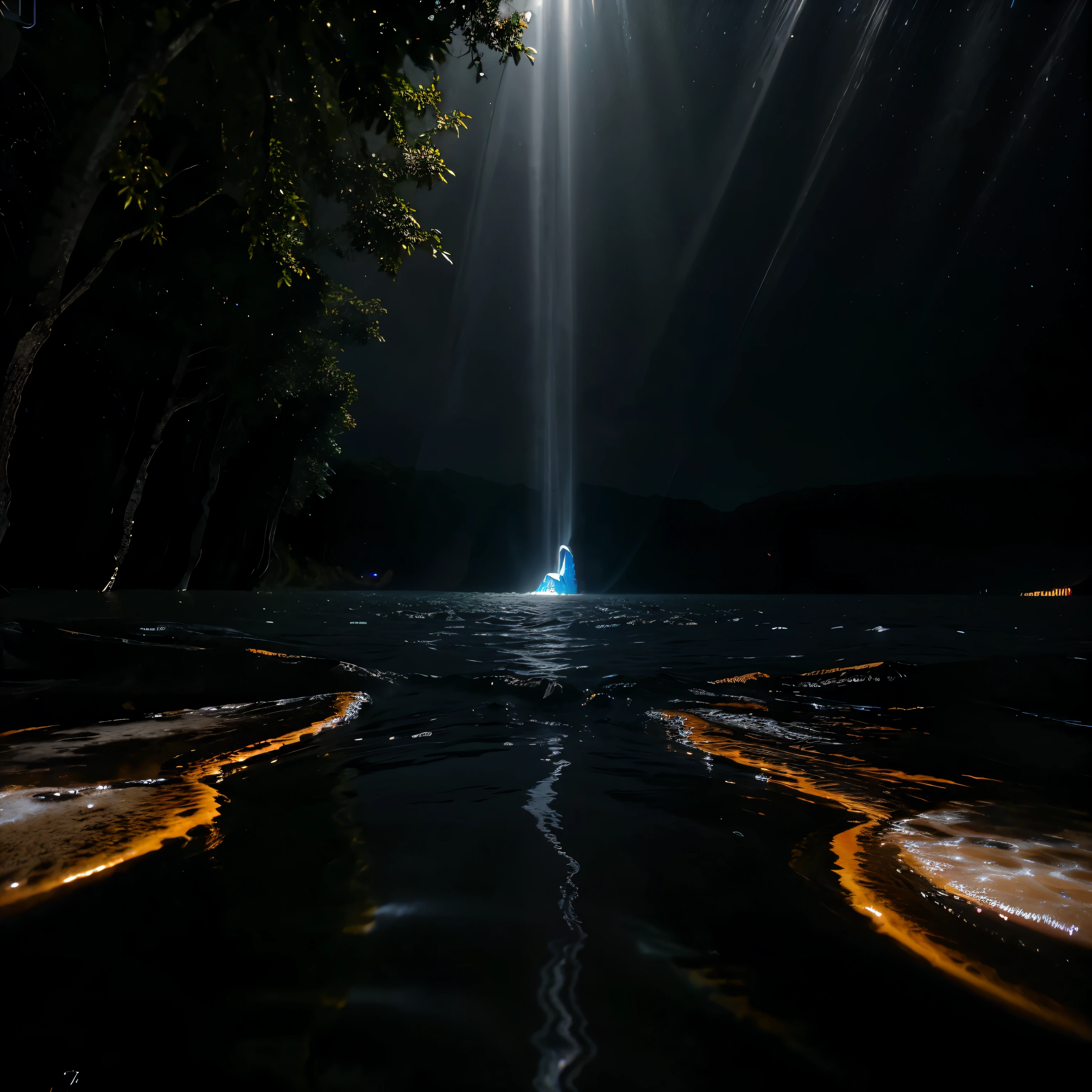 Uma lemuriana mostrando seu corpo astral luminoso, flowing waters everywhere, Nuvem estelar:1.3),montanha ao longe,Artistic production of tree breaking,(fonte de luz quente:1.2),(pirilampo:1.2),Muito roxo e laranja,Detalhes complicados,volumetric lighting,(obra-prima: 1.2) , (melhor qualidade), 4k, ultra-detalhado, (Dynamic synthesis: 1.4), altamente detalhado, Colorido detalhado, (Cor iridescente: 1.2), (bright lighting, Atmospheric lighting), magia dos sonhos