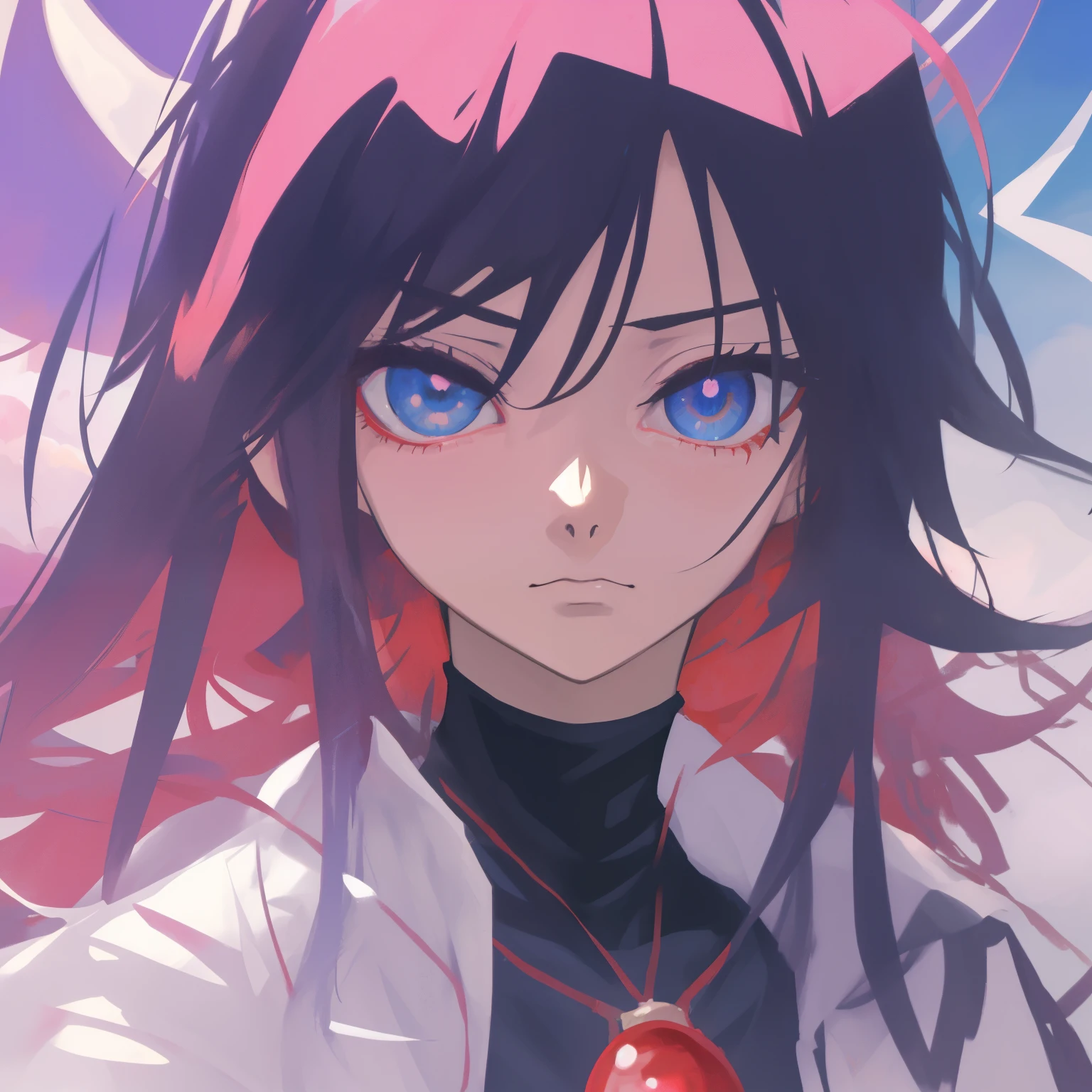 Chica anime con ojos azules y cabello negro con una chaqueta negra., estilo anime 4k, impresionante retrato de cara de anime, avatar image, epic anime style, sad cerulean eyes, pupilas negras de anime en sus ojos, portrait of a female anime heroine, mago de pelo negro, cara de anime detallada, realistic anime art style, arte de anime digital detallado, Anime rudo 8K