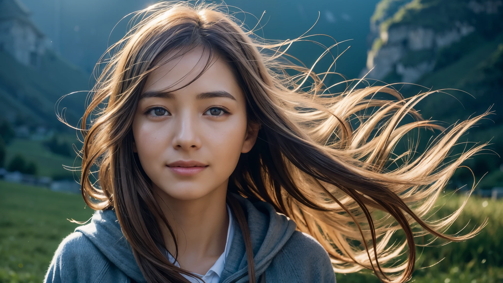dressed, (photo realistic:1.4), (hyper realistic:1.4), (realistic:1.3), (smoother lighting:1.05), (increase cinematic lighting quality:0.9), 32K, 1girl,20yo girl, realistic lighting, backlighting, light on the face, ray trace, (brightening light:1.2), (Increase quality:1.4), (best quality real texture skin:1.4), finely detailed eyes, finely detailed happy face, finely quality eyes, (tired and sleepy and satisfied:0.0), face closeup, The background is the village of Lauterbrunnen, Switzerland, (Increase body line mood:1.1), (Increase skin texture beauty:1.1)