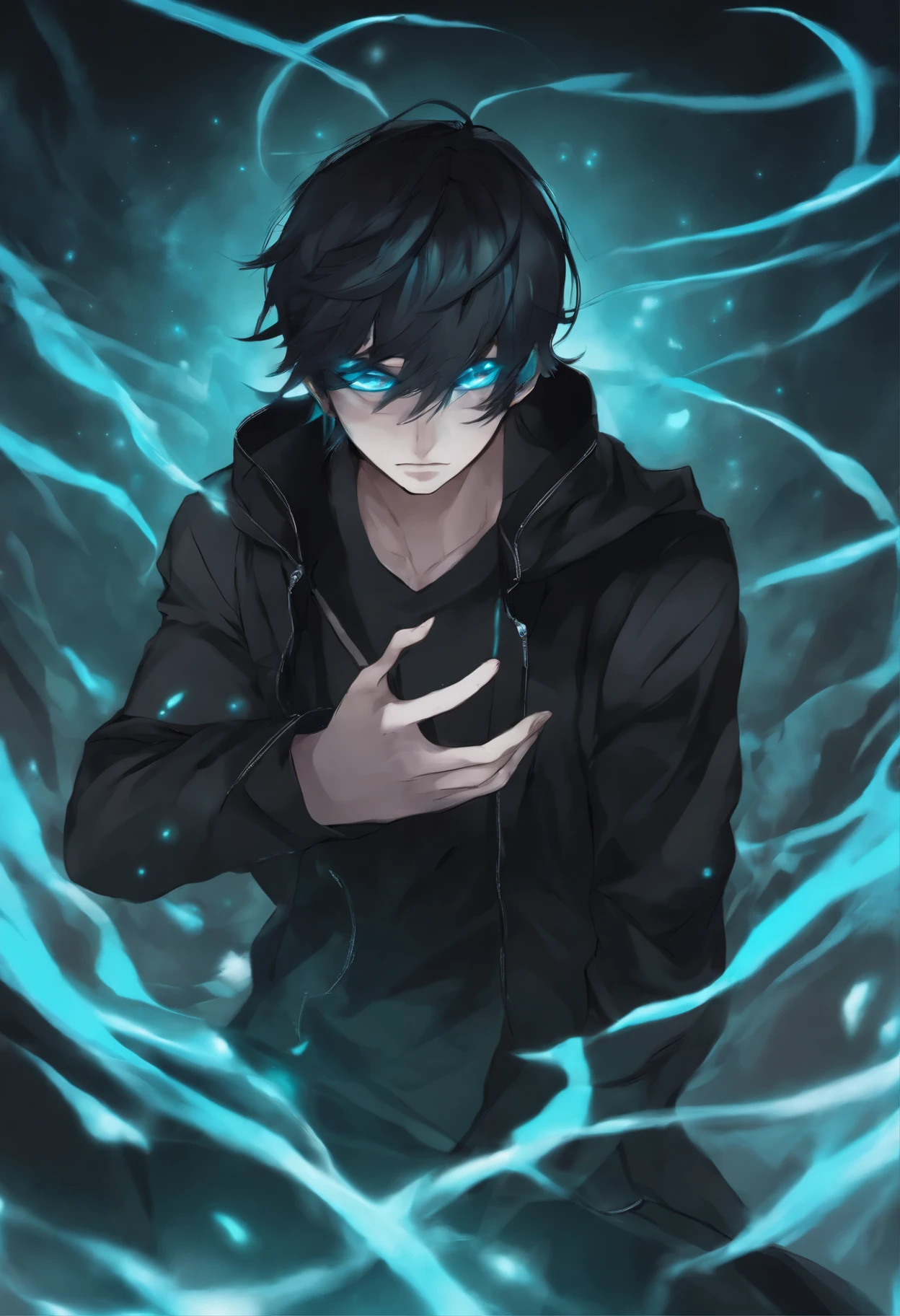 man boy being spectral, with dark aura, black clothing colors and turquoise blue eyes, confused and serious look, attractive. (Anime art) (Manga art) (Manhwa art)