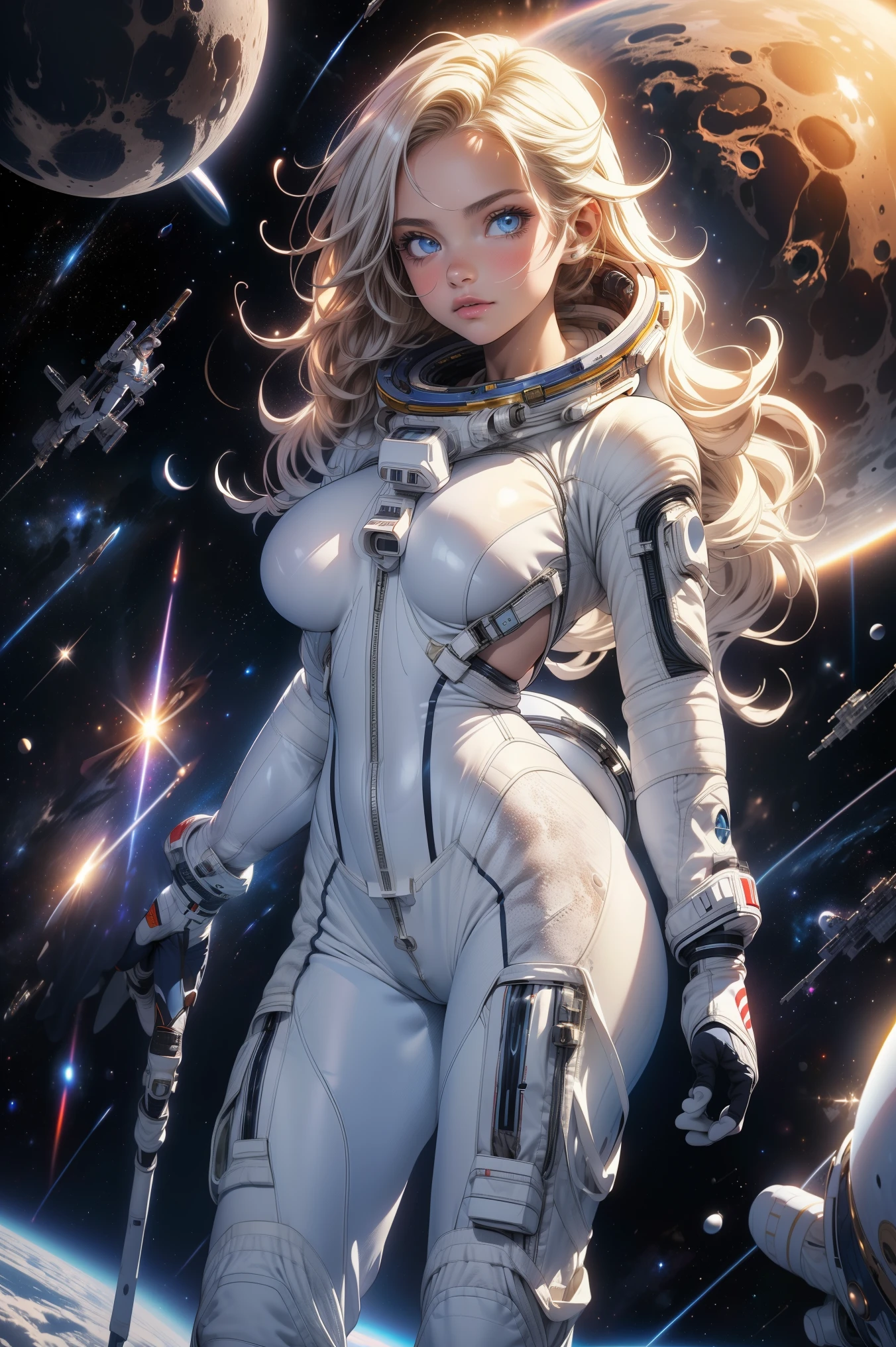 (best quality, masterpiece, ultra high resolution), (8k wallpaper, high-definition, HDR, RAW), (authenticity: 1.4), (full body shot), 1girl, ((Anime Space Girl)), ((White wavy hair)), ((Pretty Anime Girl)), ((Beautiful Space-suit)), ((Blue eyes)), ((Fair skin)), amazing athletic and fit body, female curves, huge breasts, large breasts, long legs, thick thighs, sexy flat tummy, perfect hands, ((wearing space-suit)), ((White bodysuit)), Metal boots, standing on the moon, ((Fierce)), ((On a the space)), space illumination, dawn illumination, moon landing illumination