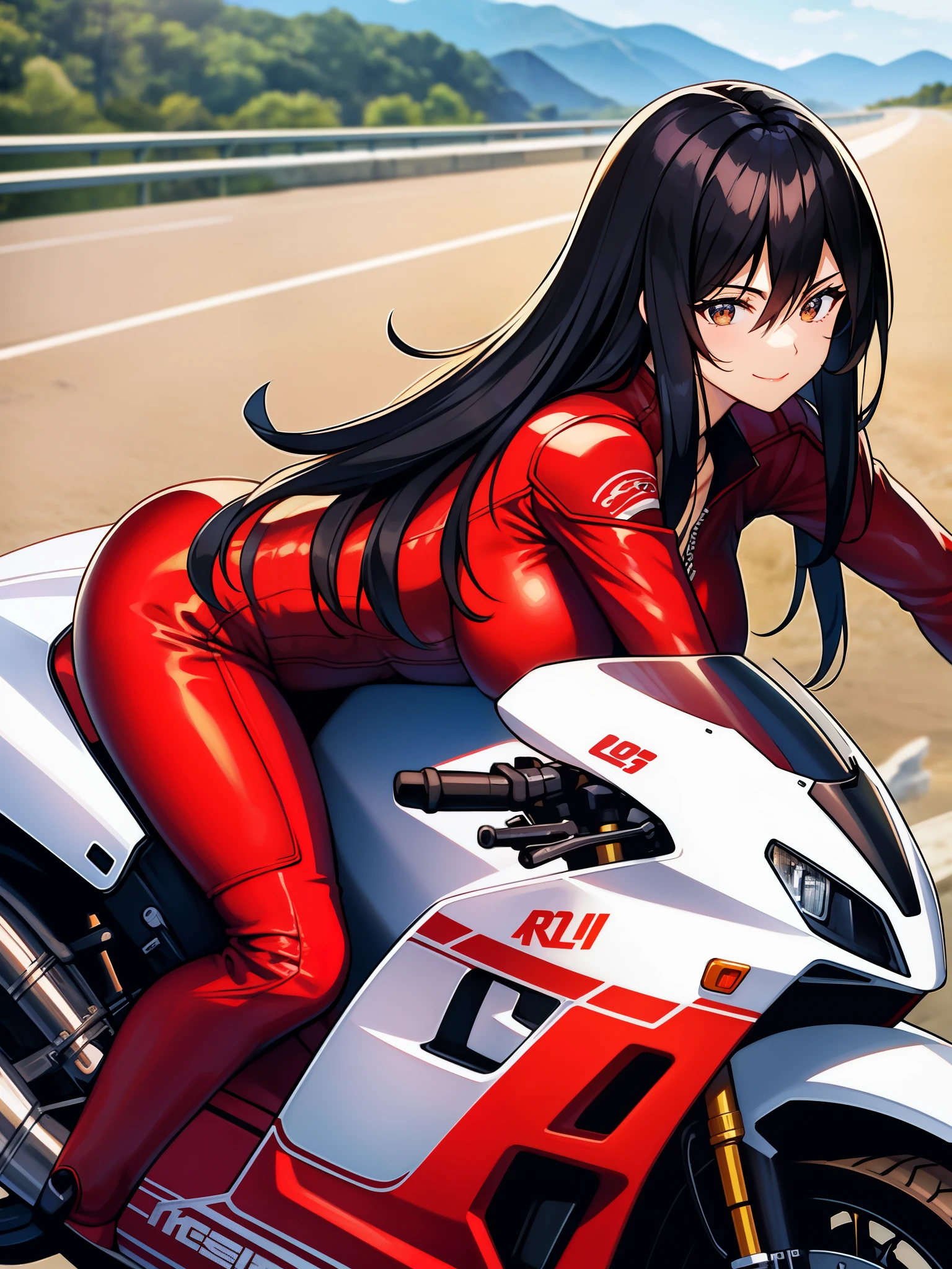 GOLDEN　BOY、山のmountain pass、Reiko Terayama、black hair、（（（rider suit）））+++、、爆乳mature woman、爆乳mature woman、爆乳mature woman、i love bikey favorite car is Bimota Tesi 1D.。reckless driving or drunk driving、mountain pass、mountain passの流れ星、(lean on motor vehicle:1.1)、motorcycle、(grinning:1.1)、look at viewer、(cowboy shot: 1.05)、highway background、山と空の背景black hair、long hair、hair between eyes、lipstick、makeup、black eyeshadow、detailed hair、detailed face、brown eyes、perfect eyes、perfect face、red bodysuit、biker clotheature woman、40 generations、Sweat、big breasts、valley、