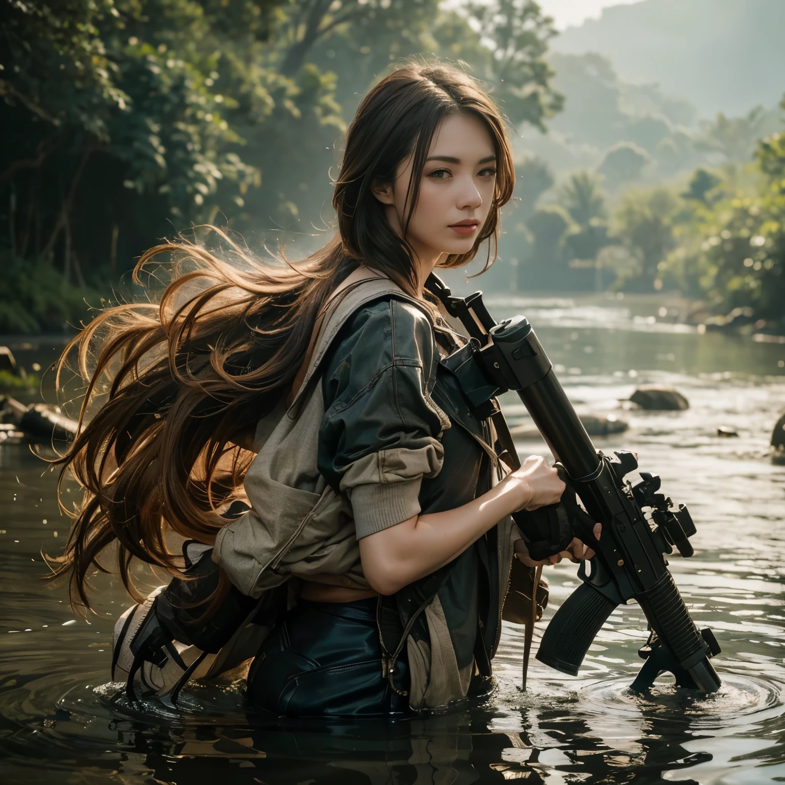 A girl with wet hair and wet skin wearing wet clothes, holding a realistic assault rifle. The portrait should have ultra-detailed features, with a high-quality, 4k or 8k resolution, resembling a masterpiece. The skin texture should be realistic and the overall image should have a photorealistic style. The color tone should be vibrant, and the lighting should emphasize the wetness of the hair, skin, and clothes.submerged in the river up to the waist