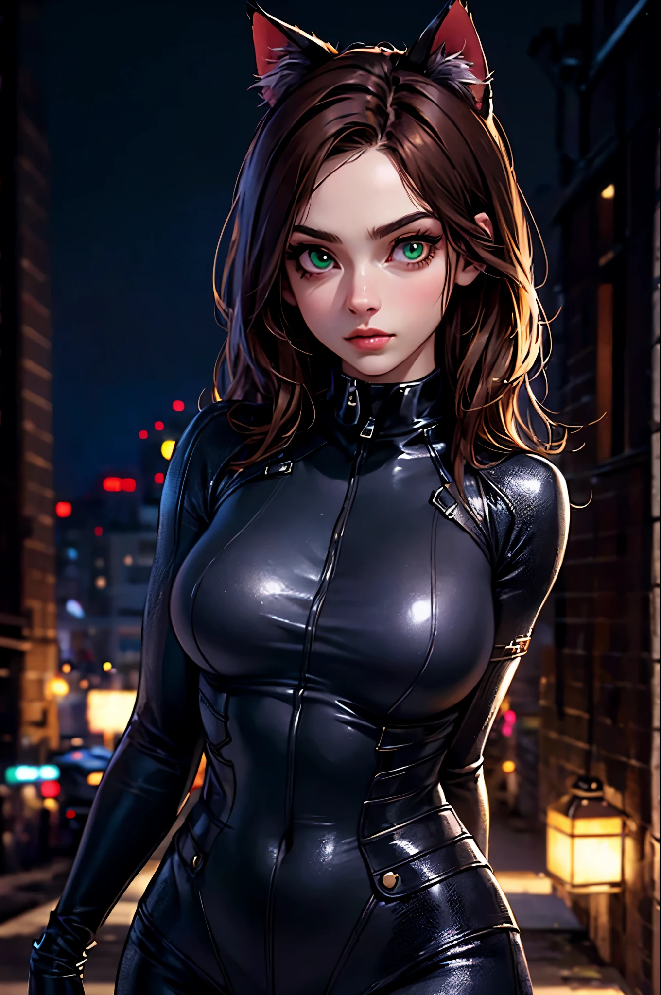 (Masterpiece, best quality, rich detail, realism: 1.3), (28 years old) (ulzzang-6500-v1.1:0.7), 1girl, upper body, (hips, sexy body, beautiful: 1.3), ((wearing cat woman clothes)), ((sexy cat woman)), ((absurdreasterpiece 1.3), (incredibly detailed), (highres:1.1), (high detailed skin:1.4), (high quality lighting), (skin texture), (UHD), (64K), (studio lighting), (photorealistic), (hyper realistic), (symmetric face), (unreal engine), (bokeh), (high resolution scan), (professional photograph), ((stunning handsome woman)), , ((stoic)), ((stern looking)), ((symmetrical eyes)), (green eyes), (brown hair), (Long brown hair), (1woman), (solo), (dark atmosphere), (sensual poses), (night landscape)
