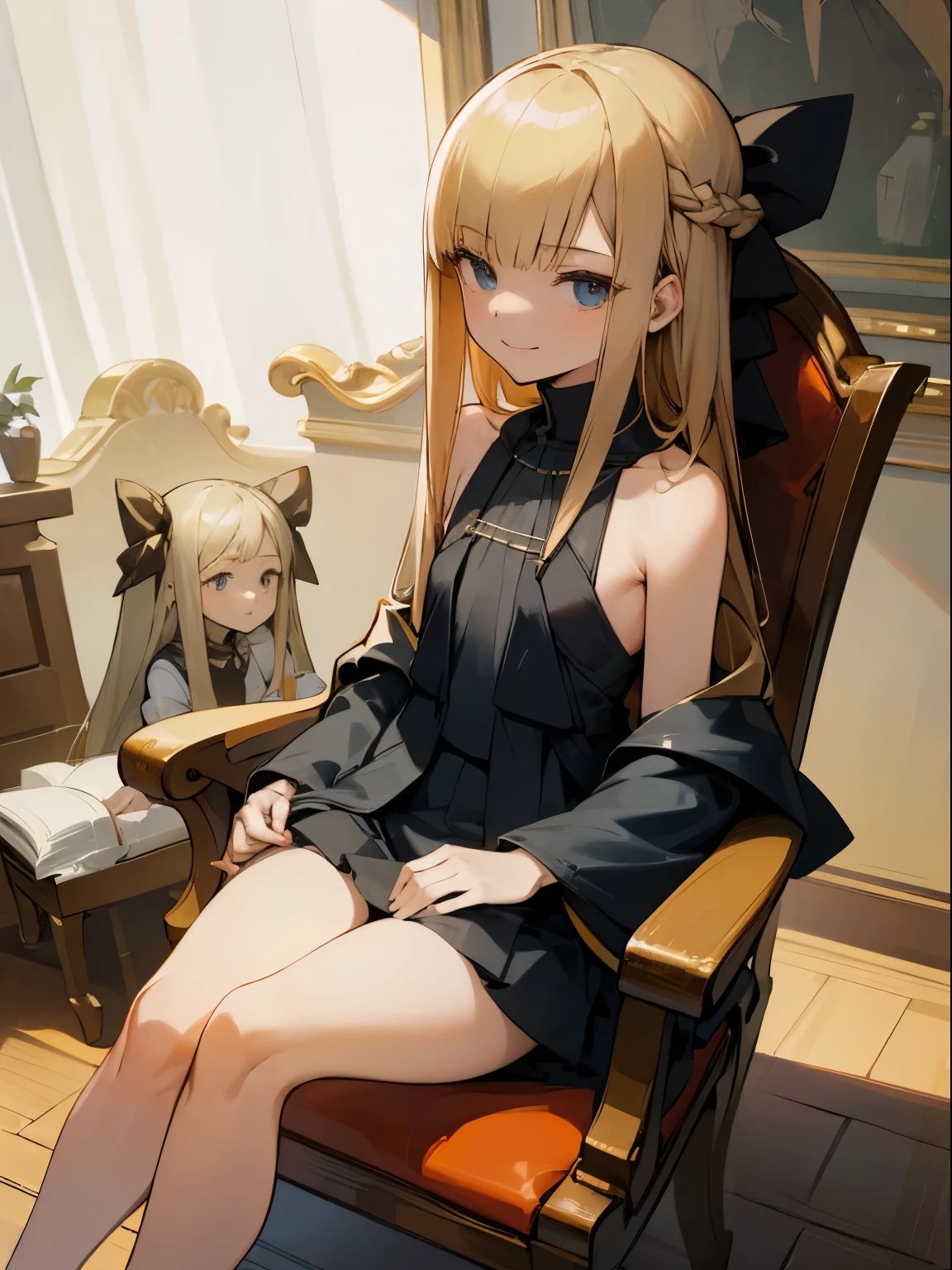 Reines, 1girl, high quality, best quality, illustration, masterpiece, (highly detailed:1.2), (extremely detailed:1.3), flat chest, (stringless:1.2), bare shoulders, young girl, mini skirt, braid, (children:1.2), slender thighs, , in a house, sitting on chair, smiling