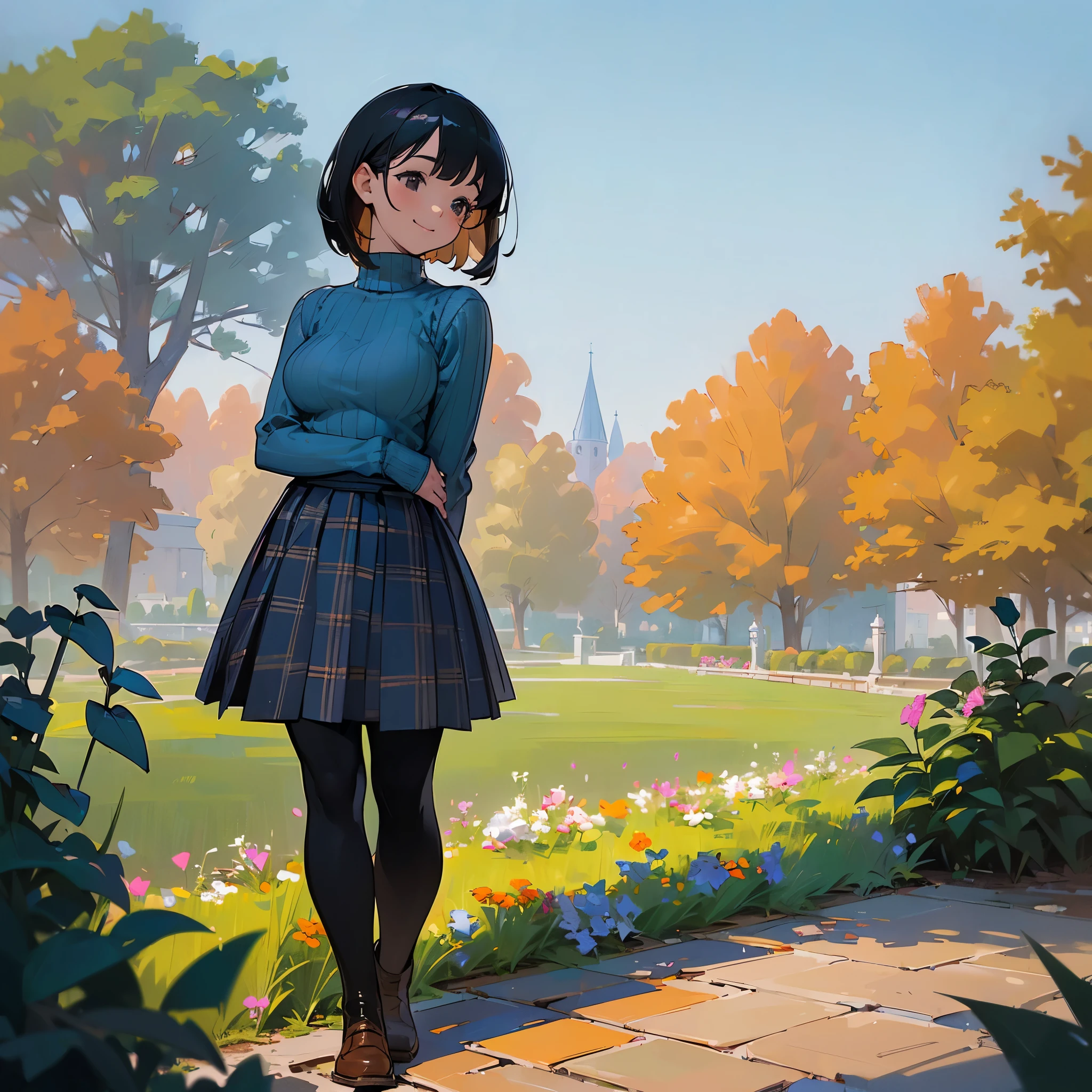 (high quality, High resolution, Super detailed, reality:1.37), peaceful atmosphere, (outdoors, garden), teenage girl standing alone, (my breasts are big.), Beautiful detail features, cute smile, (black bob hair), ribbed sweater, blue plaid skirt, black tights, brown boots.