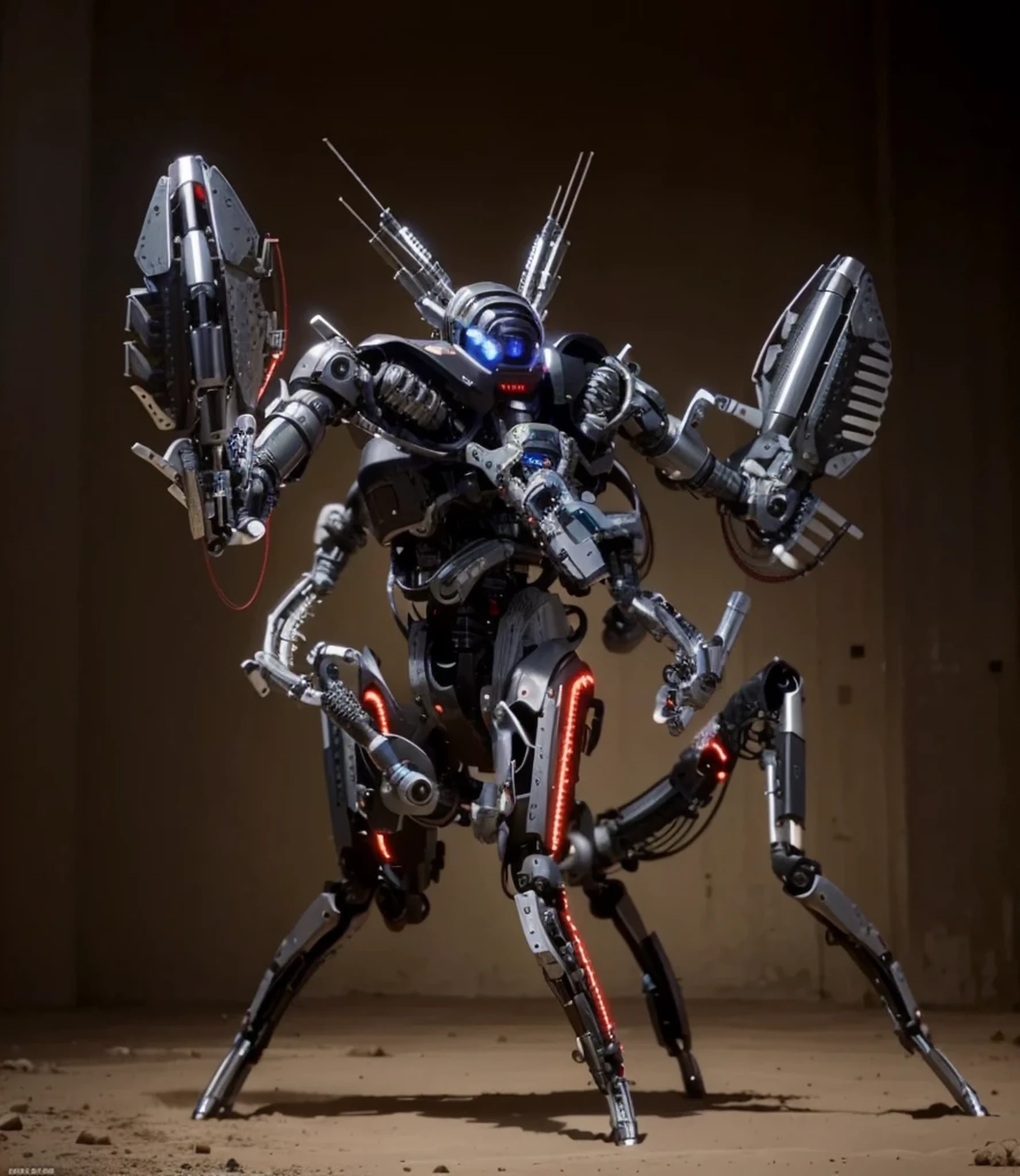 Ultra advanced biomechanical cyborg robot, en medio de su pecho tiene una cabeza humana conectada al cuerpo mediante cables, color negro y rojo, has a big laser cannon, sensores y antenas, human arms with robotic inserts, Cables y tubos rodean su cuerpo. , insectoid mechanical legs, esta en el desierto, luz, 4k, ultra detallado image, realista, muy detallado, perfect composition, splendid, intrincadamente detallado, incredibly detailed, 8k art photography, hiper detallado, Obra maestra, ultra detallado, hyper realista, 4k, ultra detallado image, realista, muy detallado, perfect composition, splendid, intrincadamente detallado, incredibly detailed, 8k art photography, hiper detallado