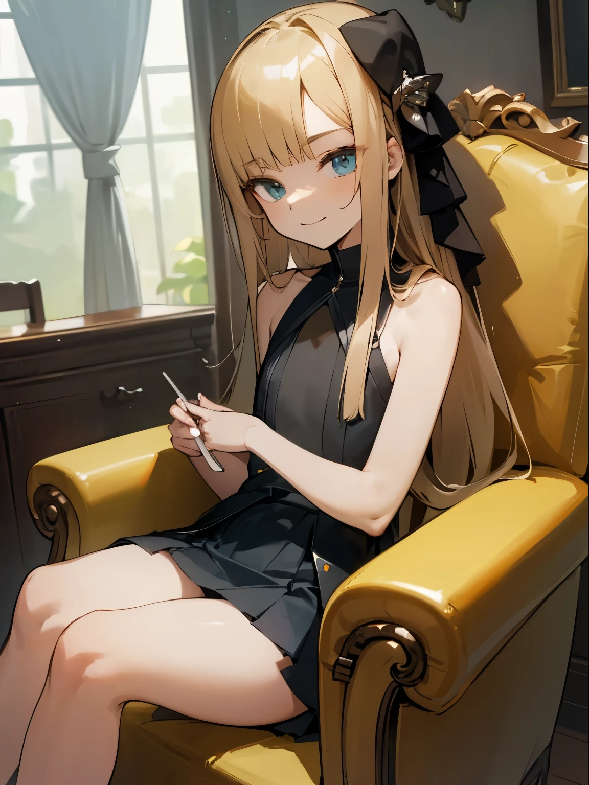 Reines, 1girl, high quality, best quality, illustration, masterpiece, (highly detailed:1.2), (extremely detailed:1.3), flat chest, (stringless:1.2), bare shoulders, young girl, mini skirt, braid, (children:1.2), slender thighs, , in a house, sitting on chair, smiling