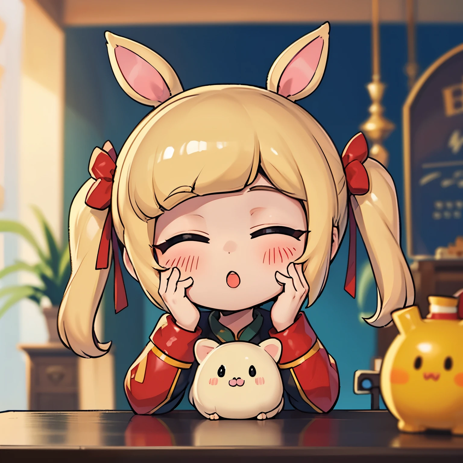 blindbox, Cute girl practicing kissing face for role, closing both eyes