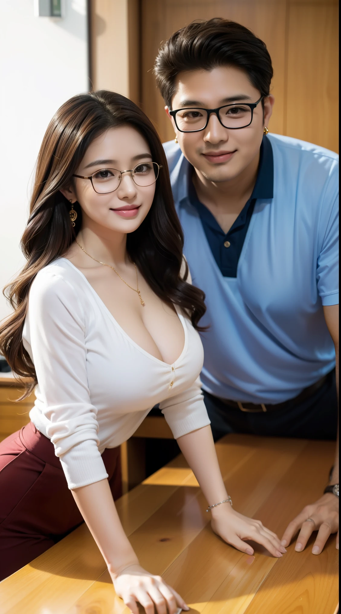 Two people, wavy hair，One is a woman，One is a man, in office, HD, Ikuo Hirayama, Yoshitomo Nara, Woman wears glasses，Men are fat，on the table, Zhongshan Zheng, smiling, necklace，earrings，man is very old，pretty face,，woman has huge breasts