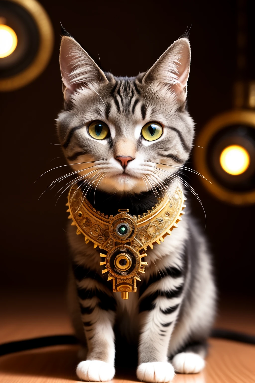 A beautiful high definition crisp portrait of a steampunk cat: (cyborganimal:1.1), (detailed mechanical parts:1.3), intricately designed, HDR, (intricate mechanical details, hyperdetailed:1.2), cinematic shot, vignette, centered.
The steampunk cat's portrait showcases a blend of beauty and technology. Its eyes, made of brass gears, shine brightly. The cat's fur is replaced with intricately designed mechanical parts, giving it a unique textured appearance. Its whiskers are made of delicate wires that spark subtly when it moves. The cat's body is posed elegantly