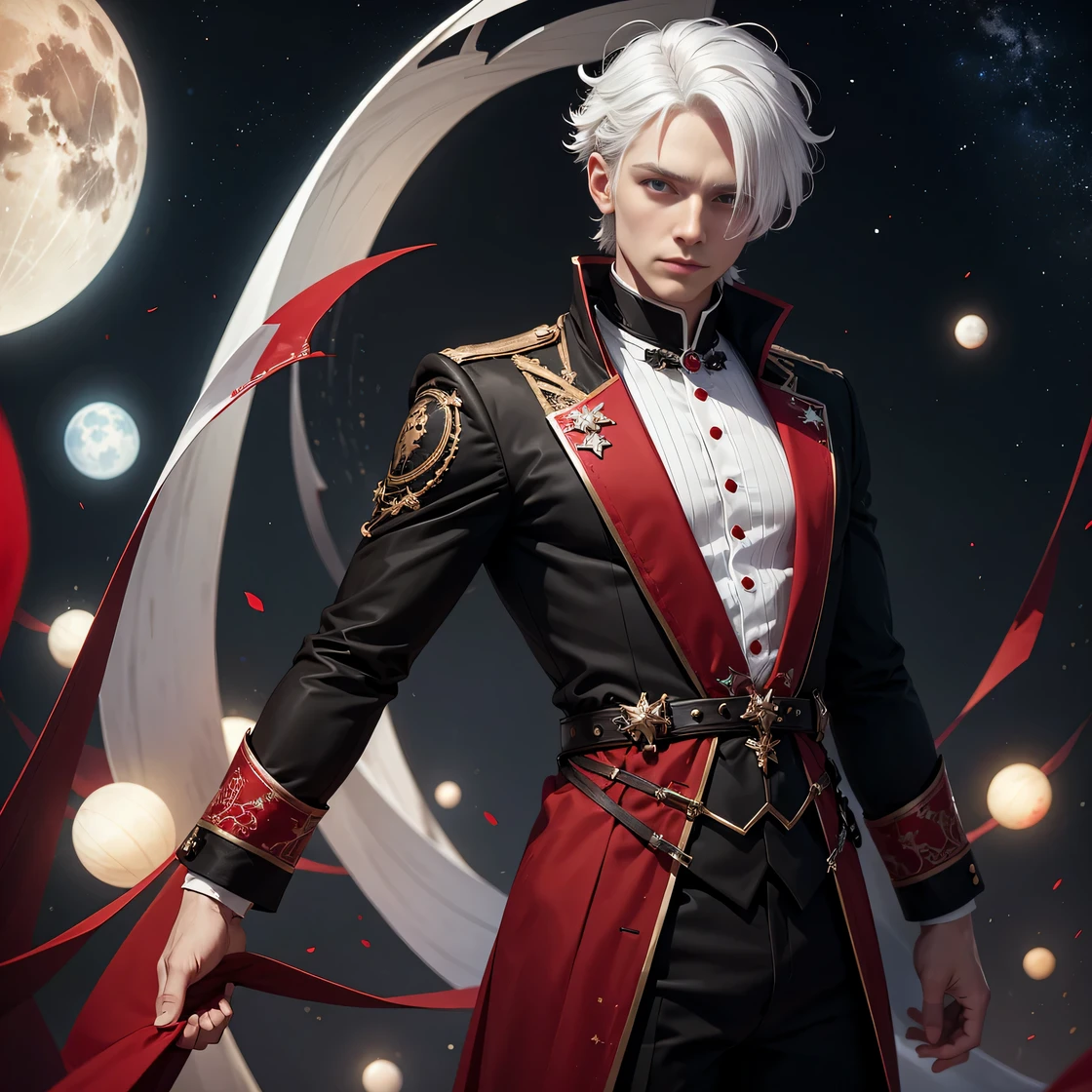 man have white hair wearing red and black outfit with stars and moons pattern , 