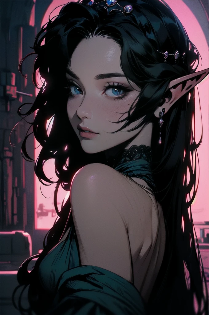 { -  error}(Masterpiece - Ultra-detailed, very high resolution)moonlight, hyper-realistic of a mysterious woman with flowing black hair, ears of elf, piercing opal eyes, and a delicate floral crown, delicate smile, upper body, backwards, looking back, small neck, with chin on shoulder