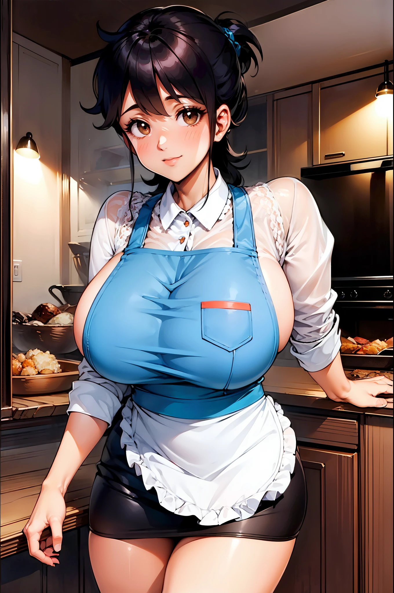 masterpiece, ultra quality, Beautiful detailed, extremely detailed,16K, exquisite, highres, Beautiful background, Beautiful eye, Beautiful skin, 1980s \(style\), retro artstyle, masterpiece, highest quality, High resolution, 1woman, solo, 2D, cheer up, highest quality, High resolution, kitchen, ajiyoshi noriko v2, (sanpaku:1.2), Beauty, ((green apron)) BREAK (白 rib knit sweater) BREAK (black tight skirt)、(huge breasts:1.2), mature woman's features, motherly smile、blush, embarrassing, tall, steam、steam、It's stuffy、detailed costumes, detailed background,