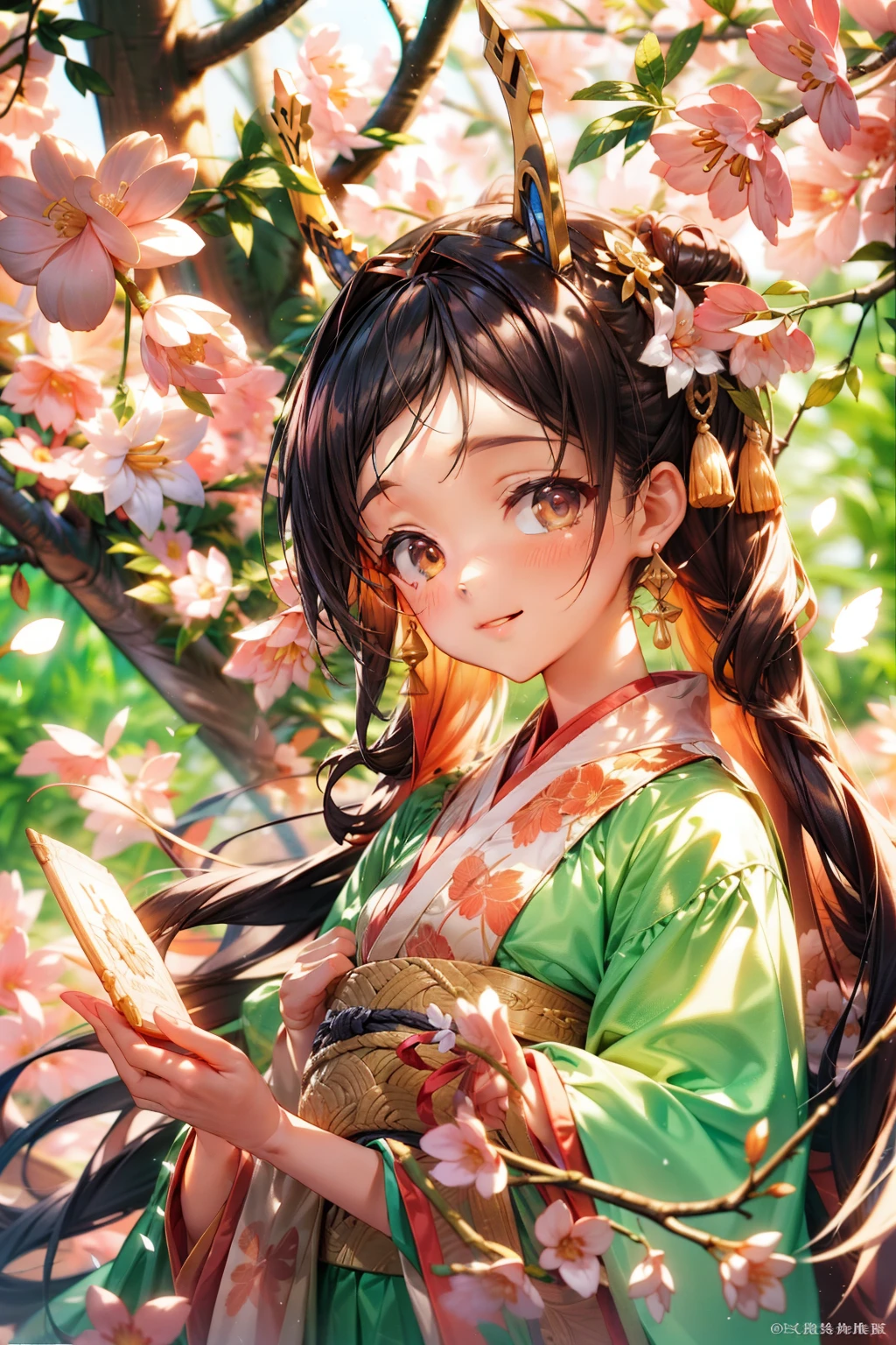 movie angle,(cute girls,correct anatomy,full body esbian,masterpiece peach blossom,Representative works Hanfu,smile),(enlightenment,paper art,3 renderings),(lots of colors,highest quality,high detailaster piece,cinematic lighting effects,4k,chiaroscuro)
