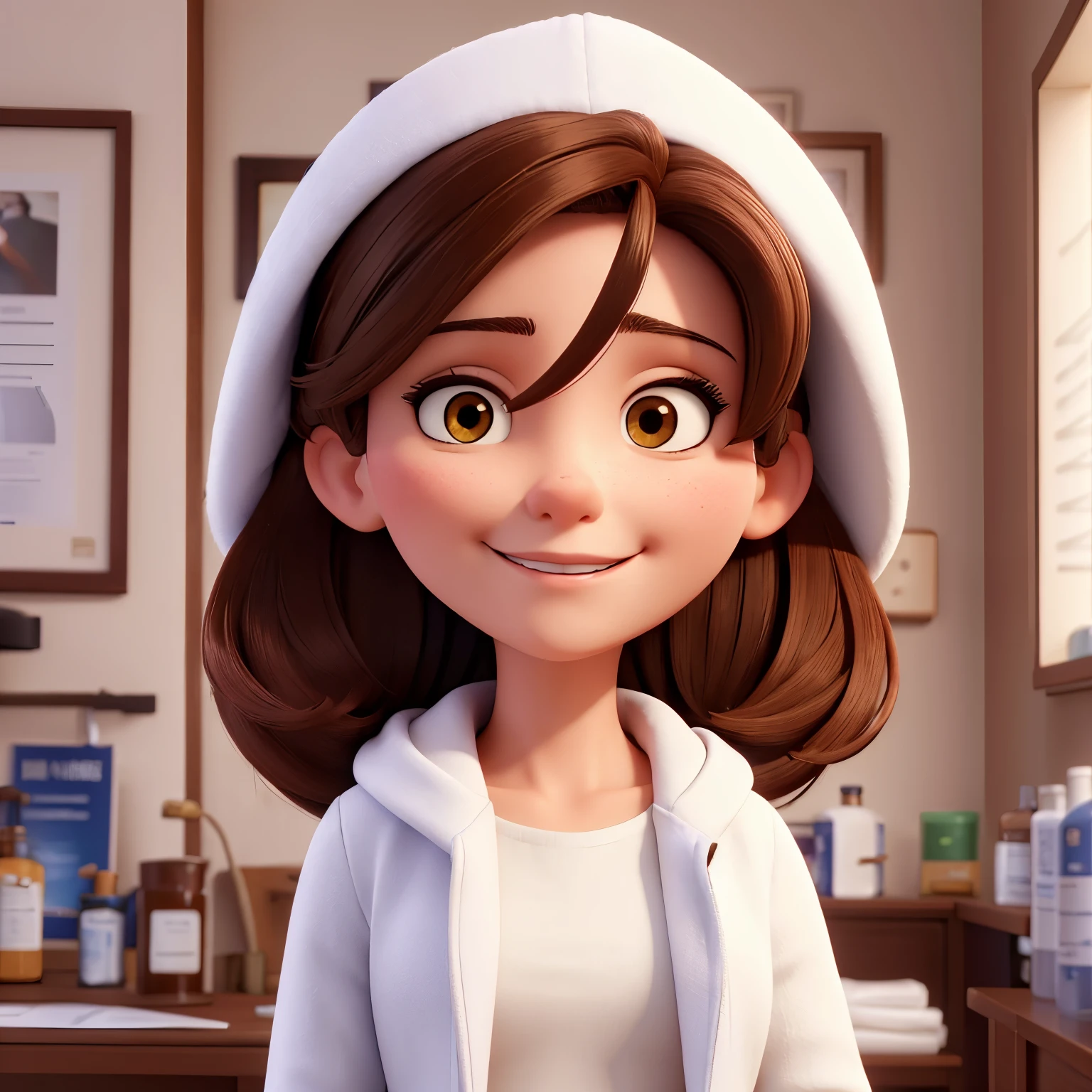 Brunette woman in white pharmacist coat,cabelos bem cacheados,rosto arrendado e olhos levemente puxados sorridente