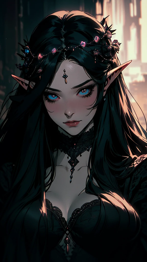 { - anatomy error}(Masterpiece - Ultra-detailed, very high resolution)hyper-realistic of a mysterious woman with flowing black hair, ears of elf, piercing opal eyes, and a delicate lace crown, delicate smile, upper body