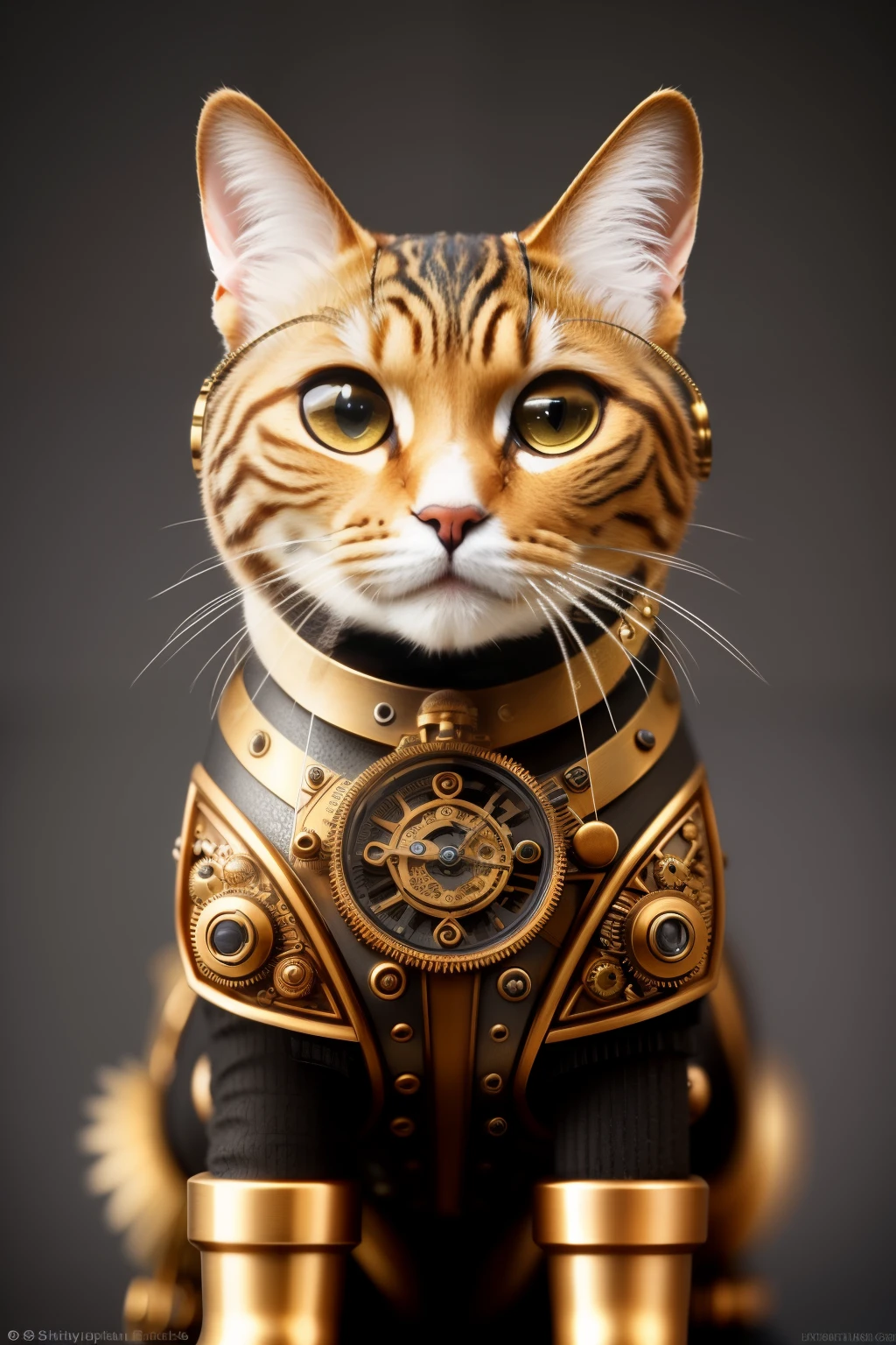 A beautiful high definition crisp portrait of a steampunk cat: (intricate details:1.2), (hyperdetailed:1.1), cyborg: 1.1, brass and copper components, gears and wires visible, inscription engravings, hdr: 1.3, cinematic shot: 1.1, vignette: 1.2, centered: 1.1, captivating eyes, articulated tail, detailed whiskers, convincing textures, masterpiece of steampunk craftsmanship.
