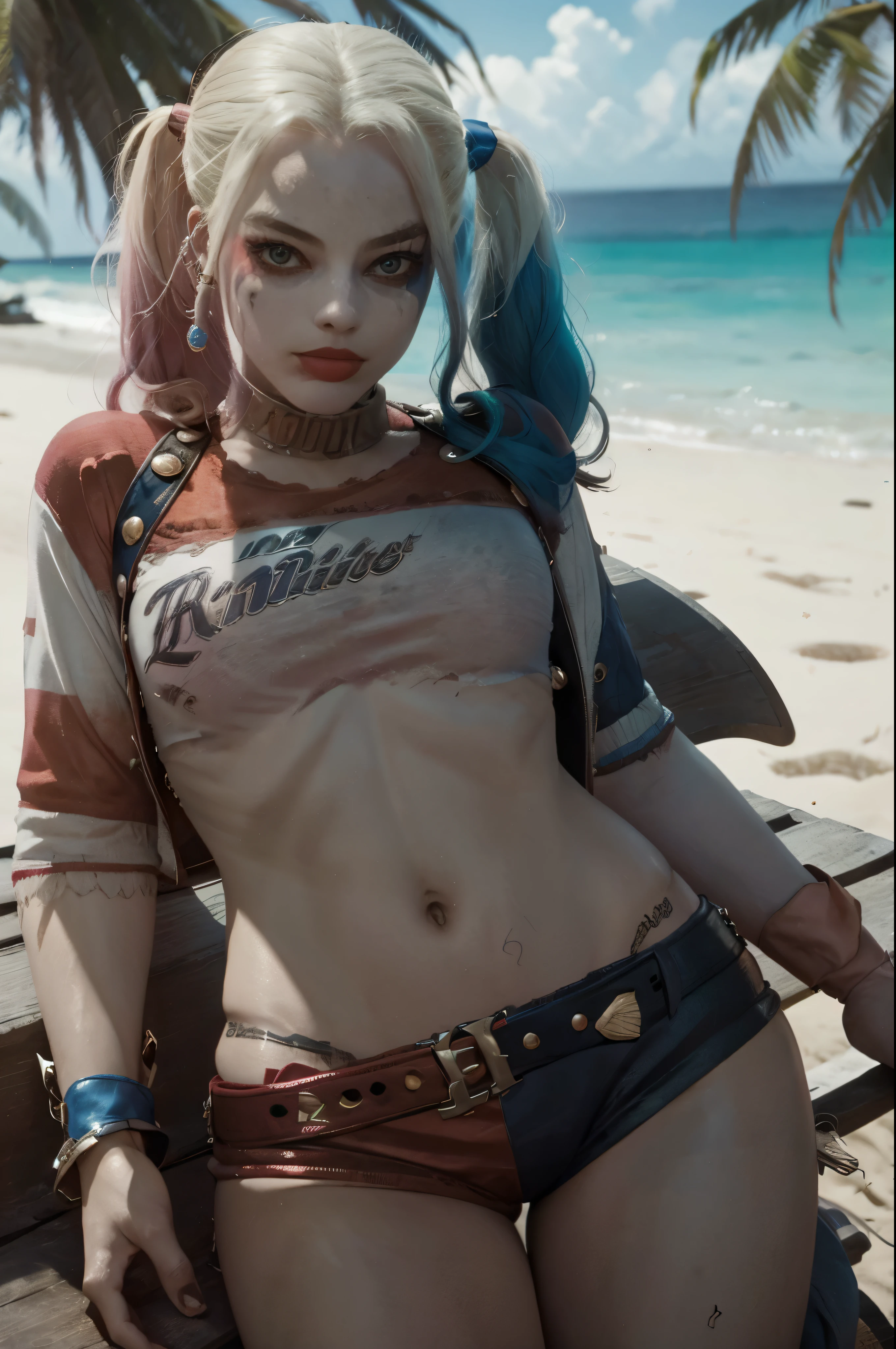 (SFW) Harley Quinn, makeup, crop top and hot pants, relaxing on a deserted tropical beach, dramatic lighting, (depth of field), ((masterpiece)), ((best quality)), ((highly detailed)), Gnarly Quim