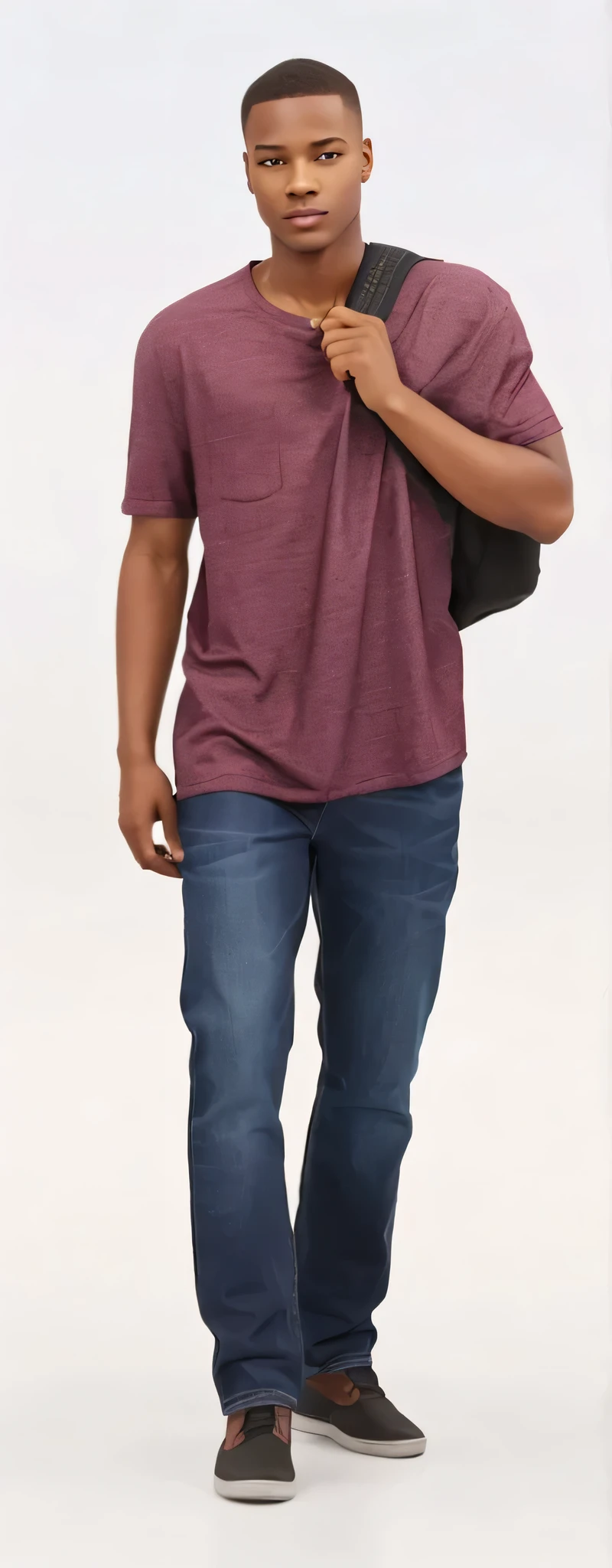 Black young male wearing jeans, a t-shirt and carrying a backpack over one shoulder on a completely white background.