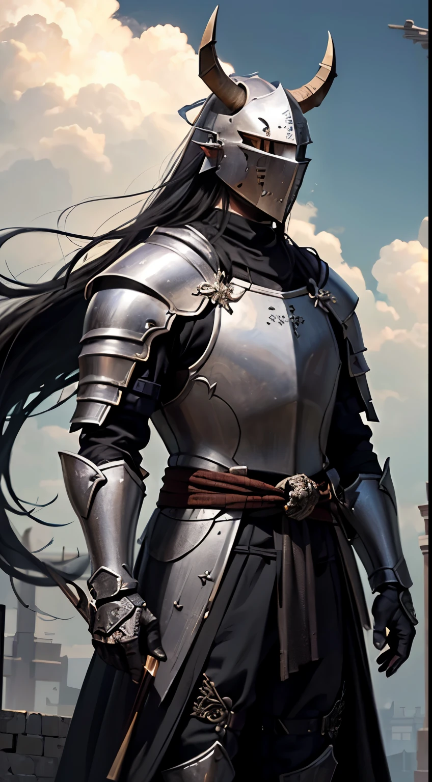((1 character)), (Male knight), Horned Helmet, Hidden Face, Imposing Walk, (Low camera angle), The knight uses a flowing ragged cloth around his waist, (HD), (Best Quality), realistic textures, (Phisically Based Rendering), (Intricately Detailed), (Cinematic Lightning)