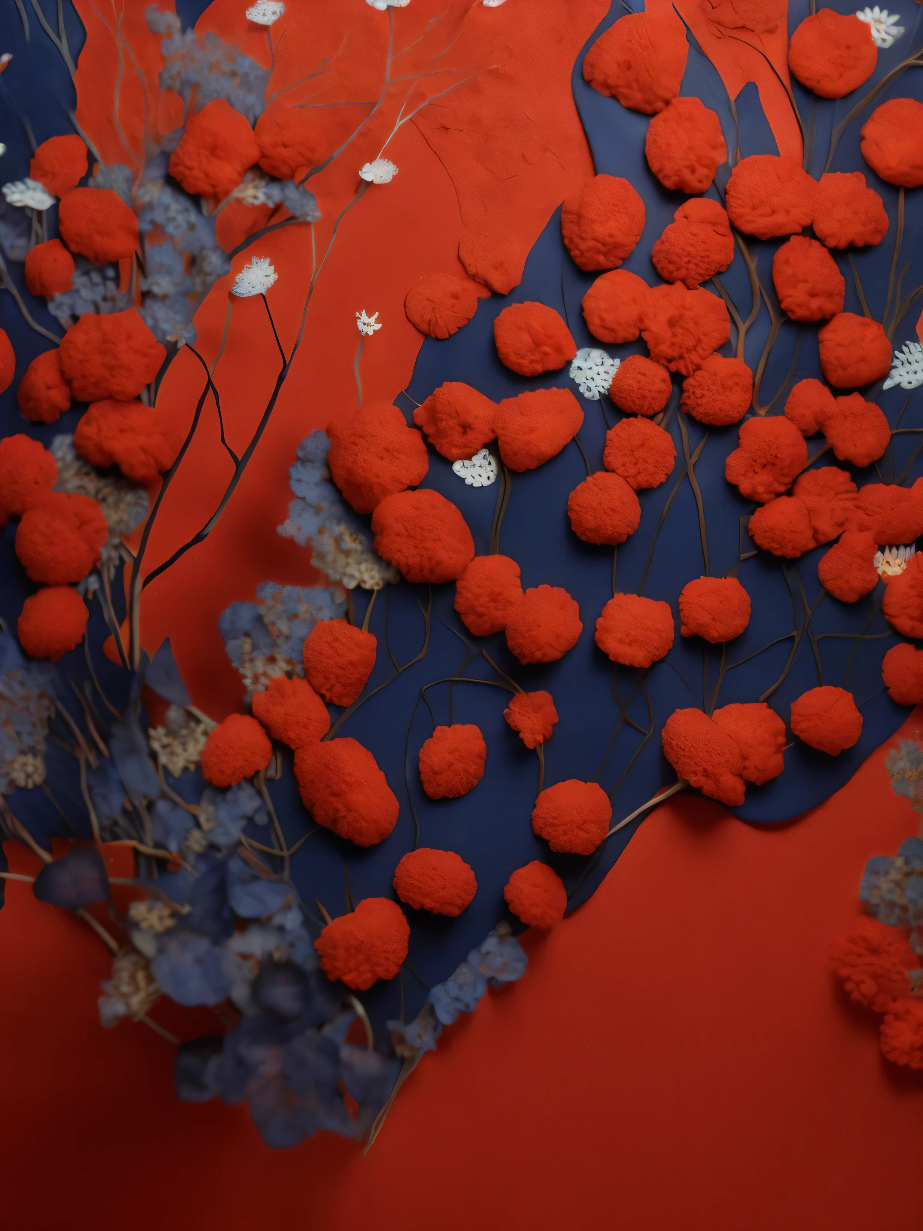 there are red and blue flowers and leaves on a blue and red background, blue with red accents, author:Andre Ruland, celestial red flowers vibe, corals, coral, Light red and dark blue mood, 2 0 1 8, 2018, Sergey Zabelin, Inspired by Yves Klein, red flowers, Abstract clay animation, flowers