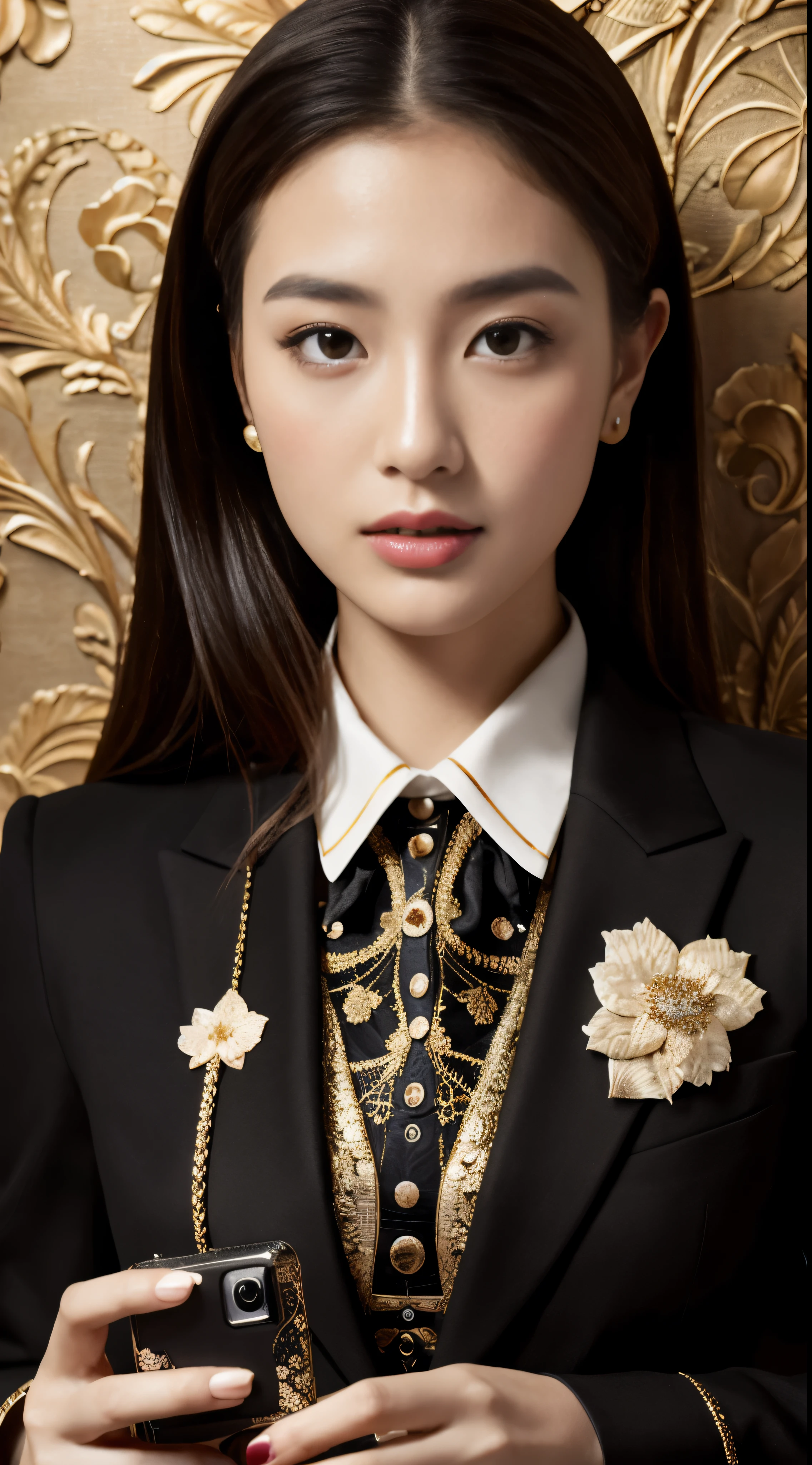 Prompt): Kogal girl taking a selfie in a beautiful, very detailed wallpaper background, best quality photographic reality, masterpiece level illustrations, beautiful and detailed face, perfect skin texture, best lighting conditions, intricately designed accessories, ultra-detailed environment, (black suit: 1.5), 4K unified resolution, super detailed CG art (1.2), 8K quality (1.2). legislative girl posing in front of a stunning, intricately designed wallpaper, masterpiece-level artistic portrayal, best quality photographic realism, extremely detailed and delicate facial features, captivating and expressive eyes, perfect lighting casting beautiful shadows