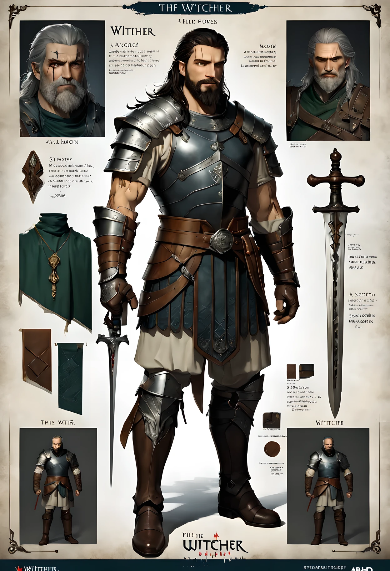 character design sheet (that wizard, A brave and majestic warrior with a face covered with scars and beards, deep, strong eyes, And the exquisite and sturdy armor that shines with metallic texture. Gloves and boots are made of high quality leather, Holding a silver sword in hand, Every inch is carved with intricate patterns, strong and powerful body, Revealing endless power, The delicate hair and skin pores are drawn in detail, true, The hue is mainly dark blue, Green and gray, which sets off a deep atmosphere, The use of shadows and highlights makes the picture more three-dimensional and fuller, 4K resolution production, clear details, trueistic texture)