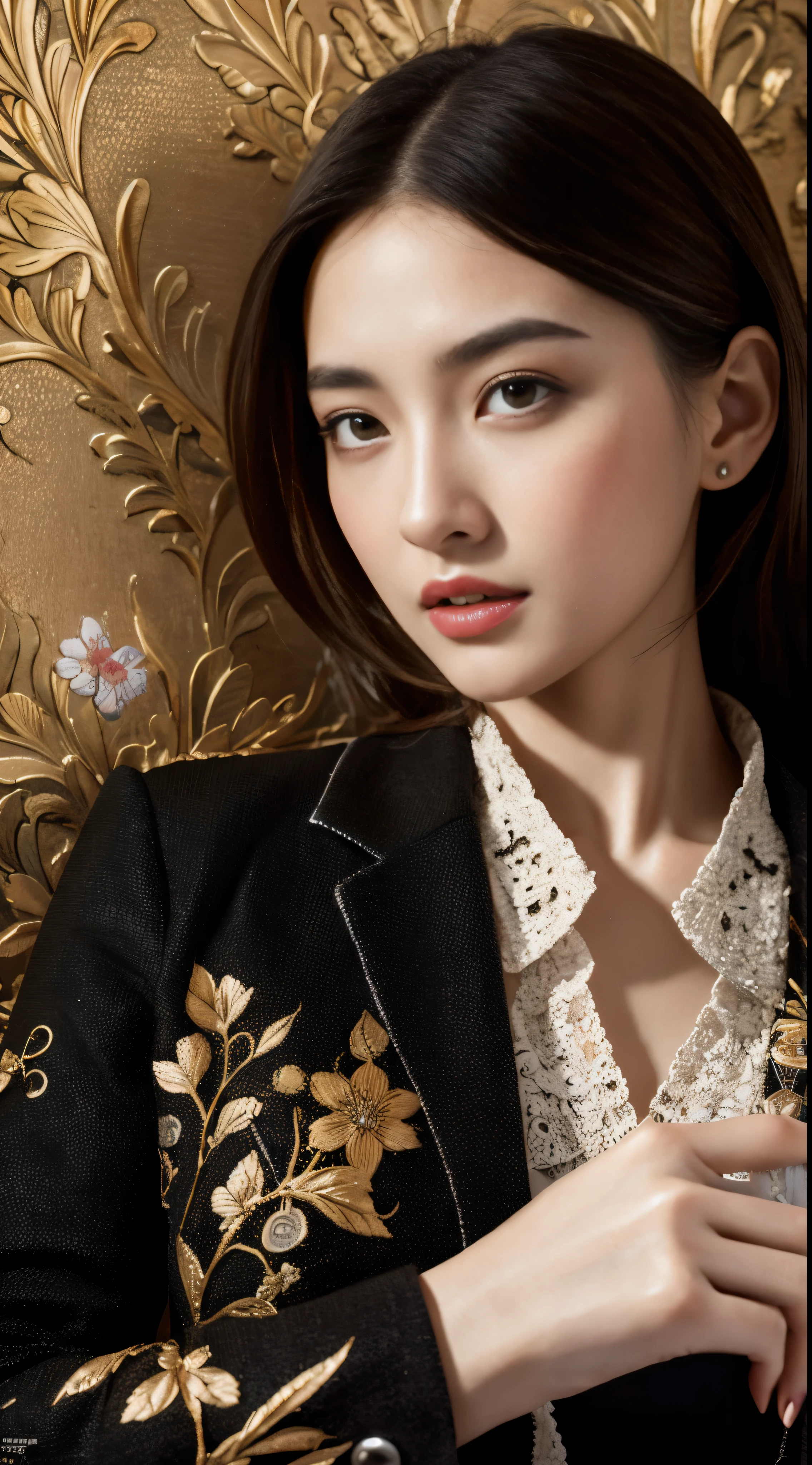 Prompt): Kogal girl taking a selfie in a beautiful, very detailed wallpaper background, best quality photographic reality, masterpiece level illustrations, beautiful and detailed face, perfect skin texture, best lighting conditions, intricately designed accessories, ultra-detailed environment, (black suit: 1.5), 4K unified resolution, super detailed CG art (1.2), 8K quality (1.2). legislative girl posing in front of a stunning, intricately designed wallpaper, masterpiece-level artistic portrayal, best quality photographic realism, extremely detailed and delicate facial features, captivating and expressive eyes, perfect lighting casting beautiful shadows